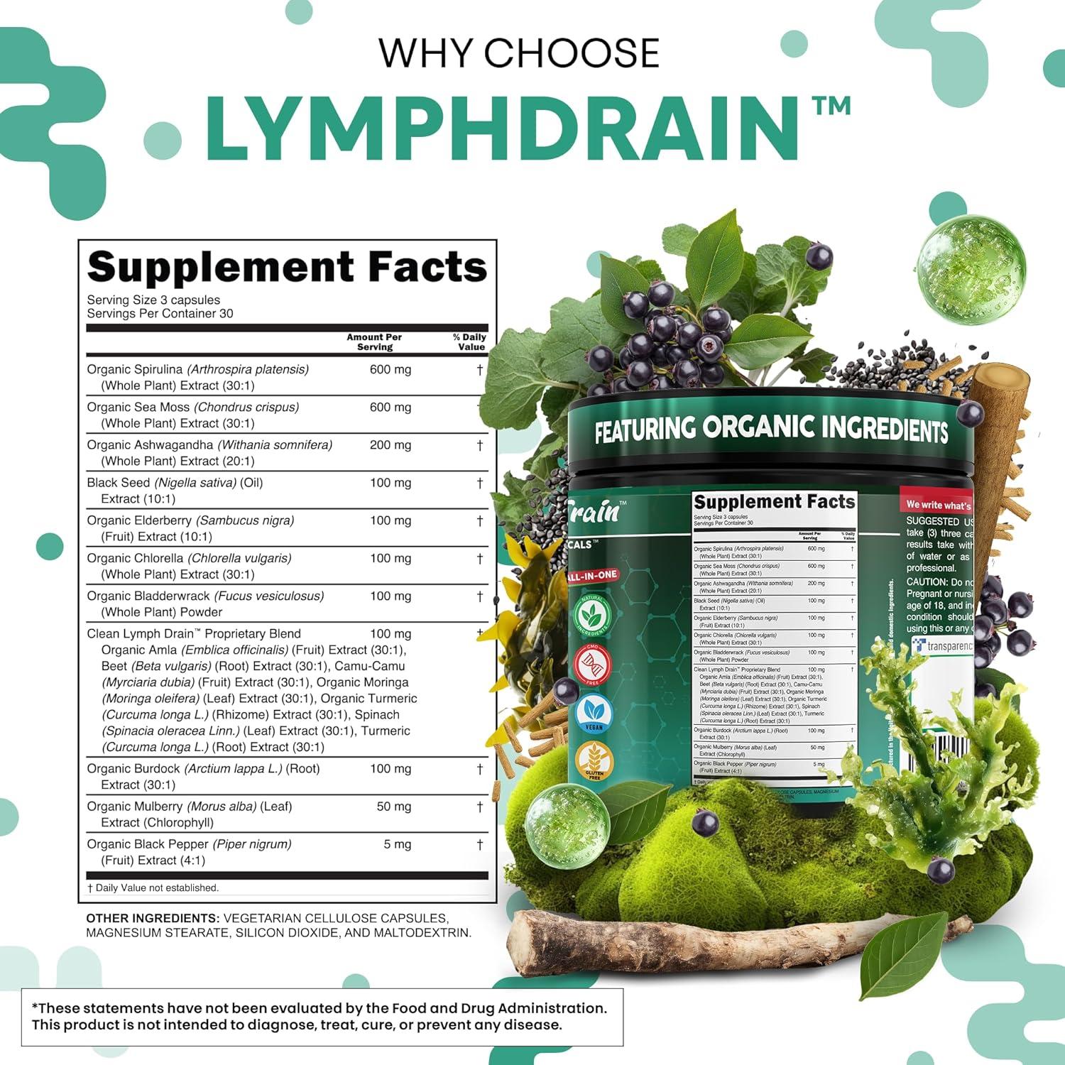 image:imageOrganic Lymphatic Drainage Supplements Elderberry Bladderwrack Burdock Root Black Seed Oil Spirulina Sea Moss Ashwagandha Chlorella Amla Beet Moringa Chlorophyll Lymph System Capsules By Clean Nutra