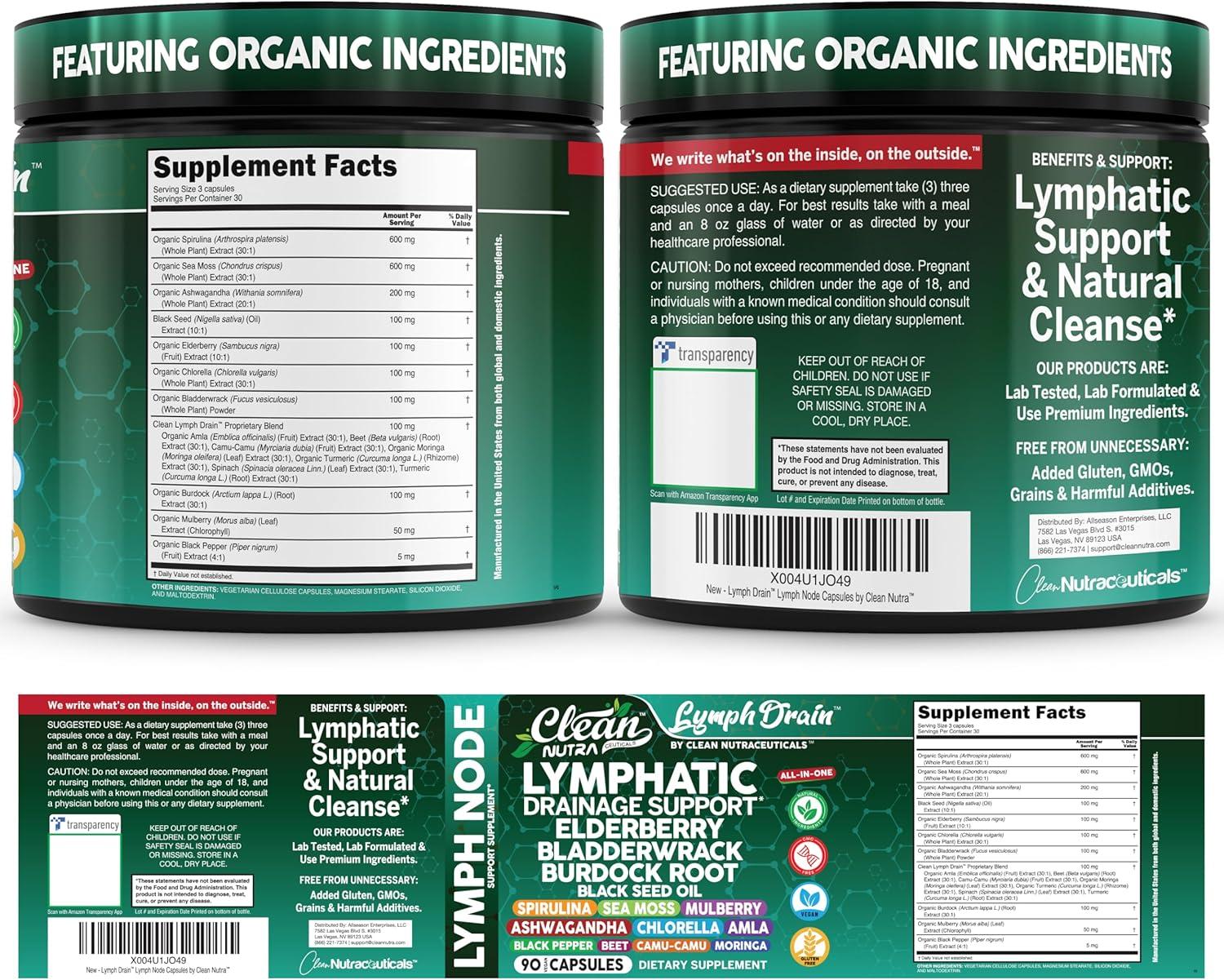 image:imageOrganic Lymphatic Drainage Supplements Elderberry Bladderwrack Burdock Root Black Seed Oil Spirulina Sea Moss Ashwagandha Chlorella Amla Beet Moringa Chlorophyll Lymph System Capsules By Clean Nutra
