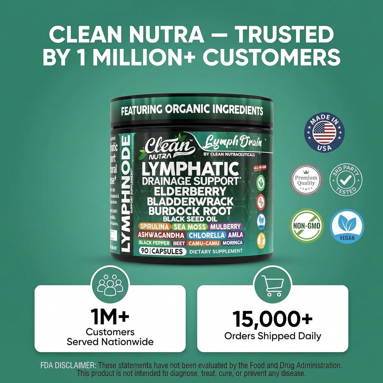 image:imageOrganic Lymphatic Drainage Supplements Elderberry Bladderwrack Burdock Root Black Seed Oil Spirulina Sea Moss Ashwagandha Chlorella Amla Beet Moringa Chlorophyll Lymph System Capsules By Clean Nutra