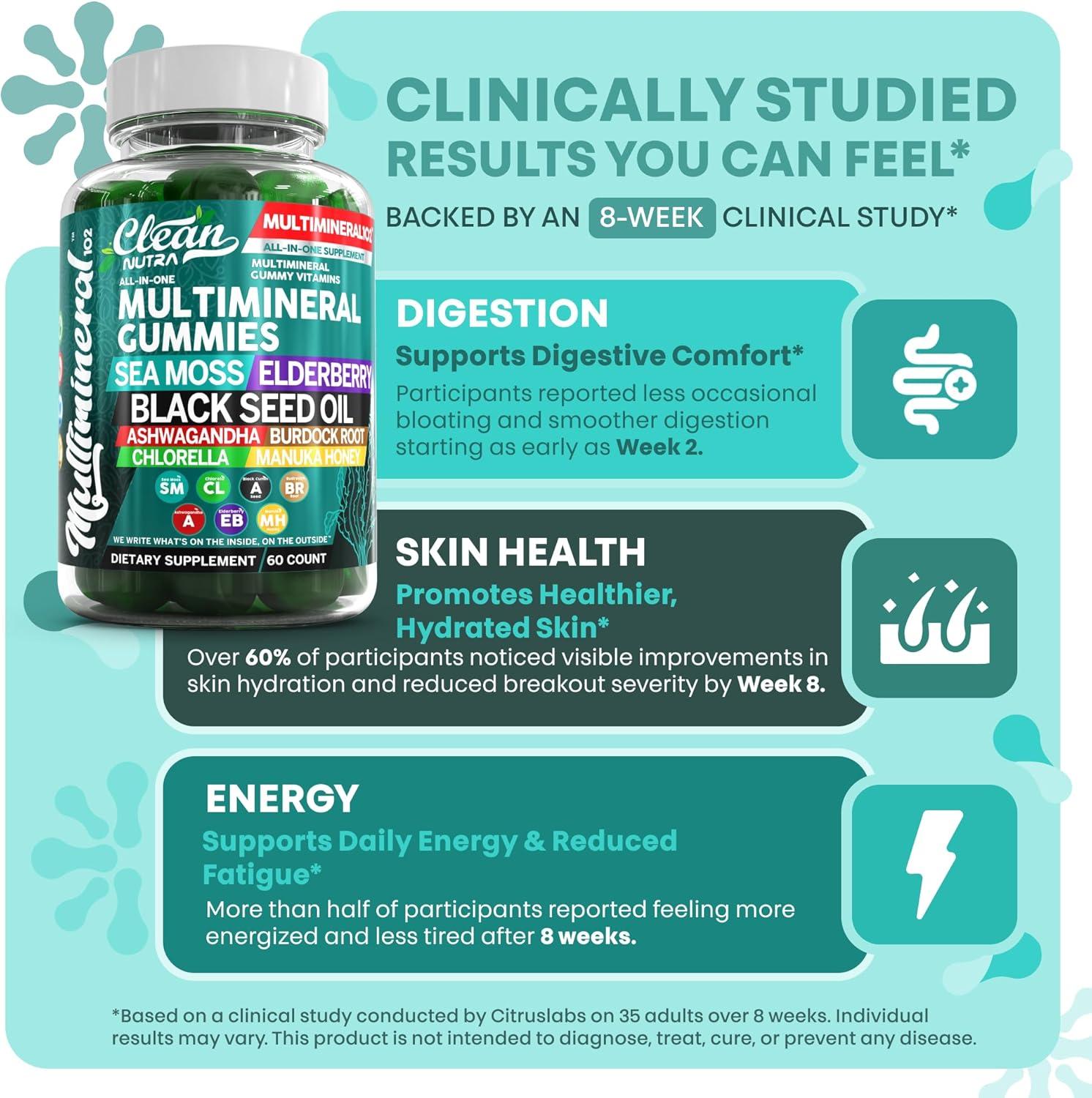 image:imageSea Moss Gummies Clinically Tested Black Seed Oil Ashwagandha Elderberry Burdock Root Chlorella Manuka Honey Vegan Irish Sea Moss Gummy Vitamins for Adults Kids Men Women Green Apple Flavor1
