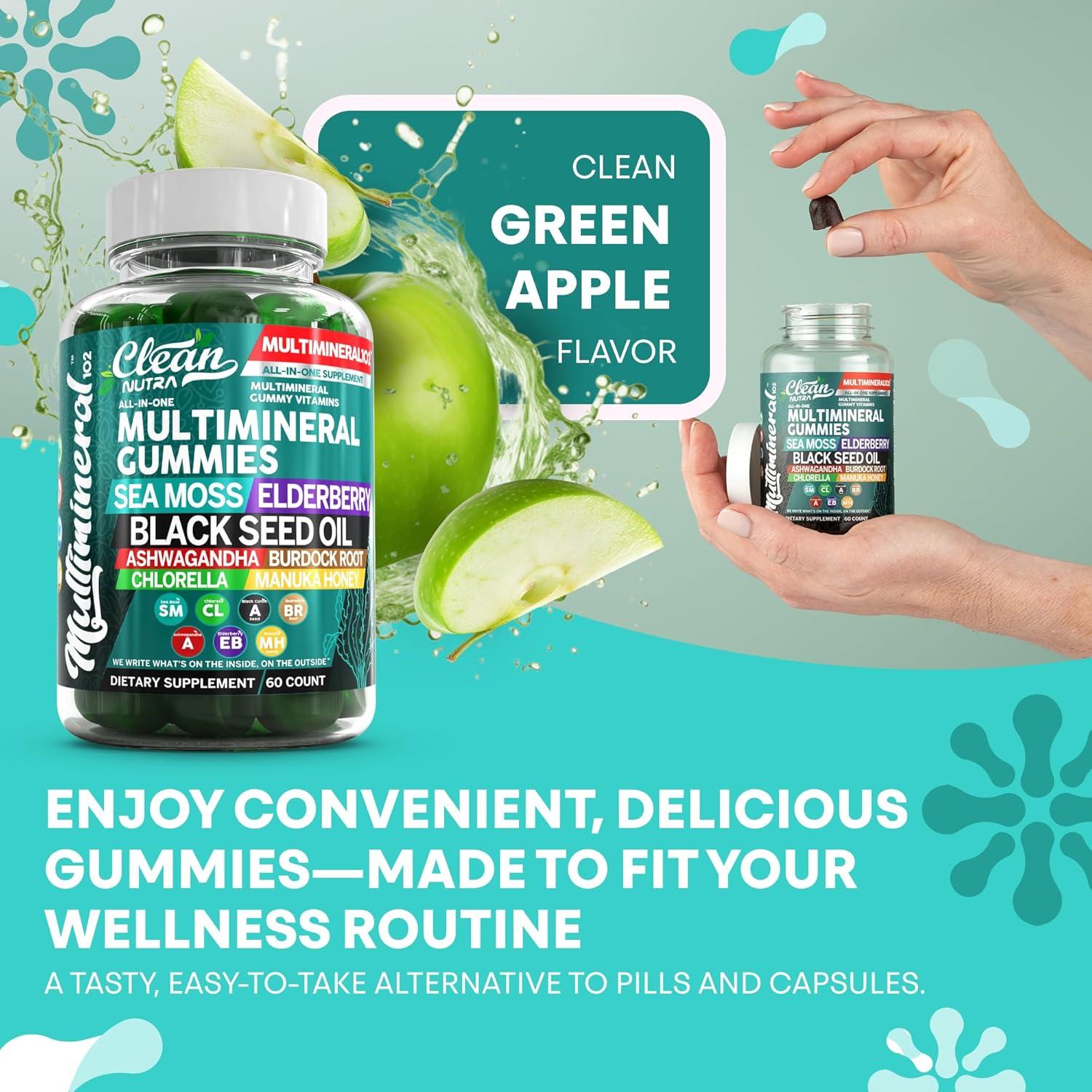 image:imageSea Moss Gummies Clinically Tested Black Seed Oil Ashwagandha Elderberry Burdock Root Chlorella Manuka Honey Vegan Irish Sea Moss Gummy Vitamins for Adults Kids Men Women Green Apple Flavor1