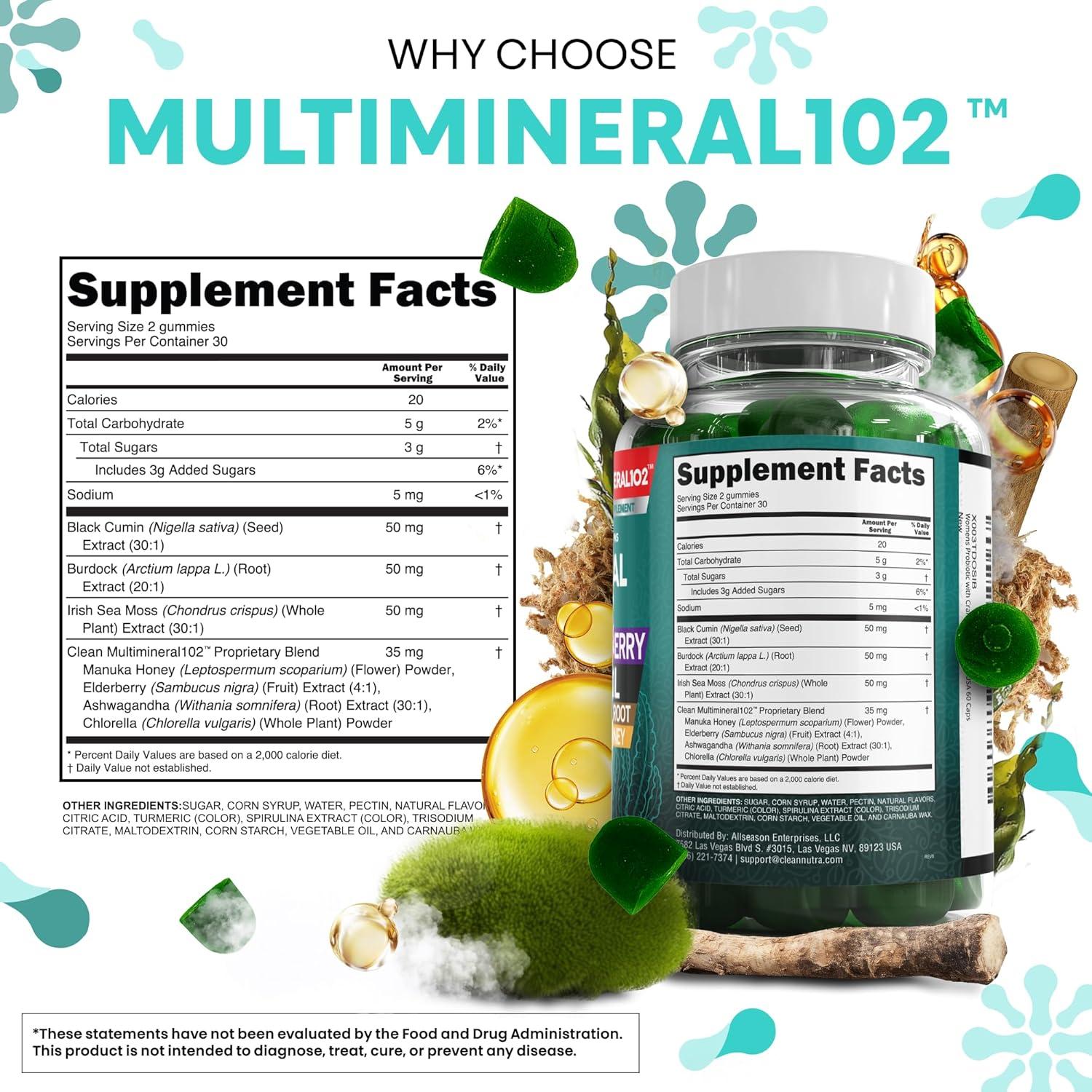image:imageSea Moss Gummies Clinically Tested Black Seed Oil Ashwagandha Elderberry Burdock Root Chlorella Manuka Honey Vegan Irish Sea Moss Gummy Vitamins for Adults Kids Men Women Green Apple Flavor1