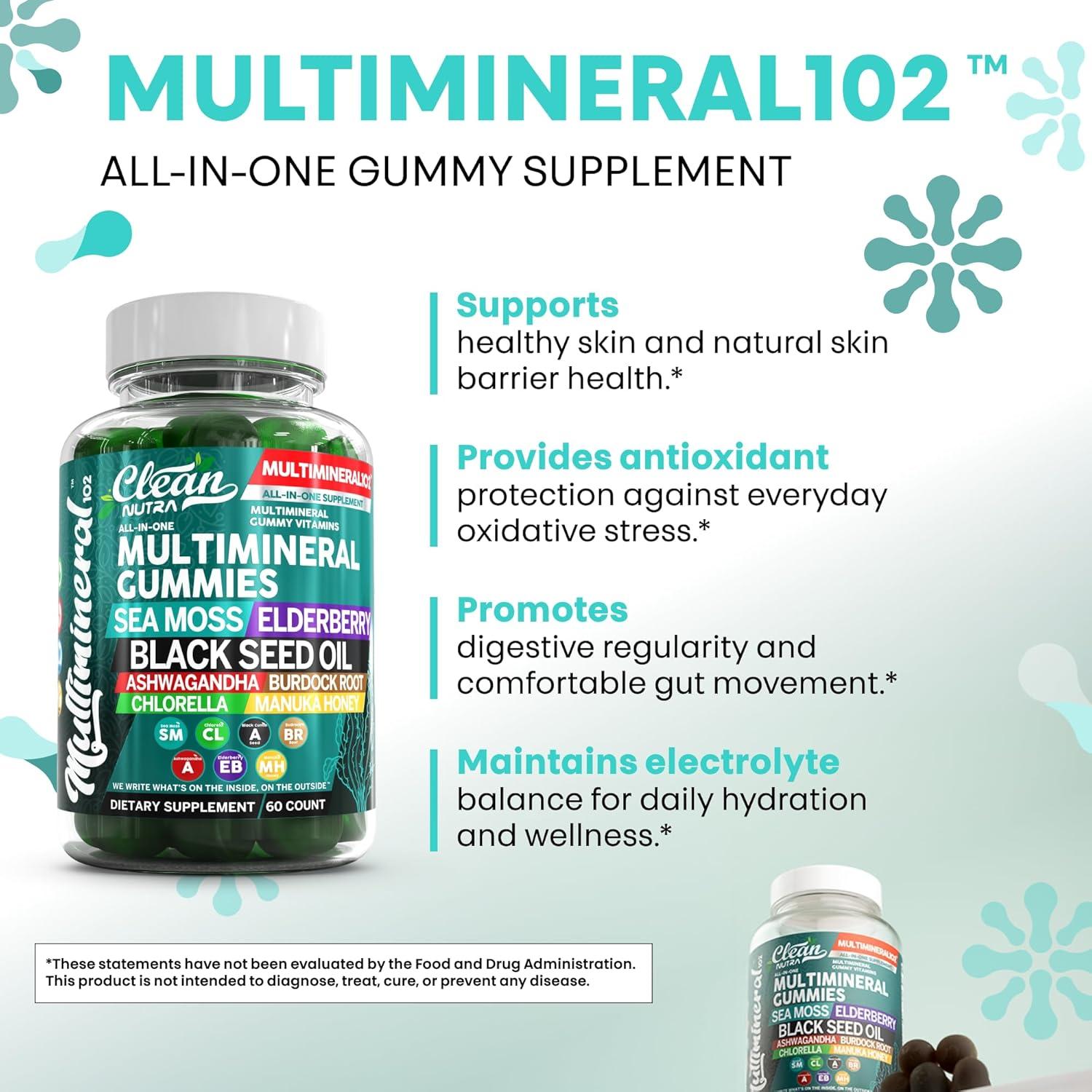 image:imageSea Moss Gummies Clinically Tested Black Seed Oil Ashwagandha Elderberry Burdock Root Chlorella Manuka Honey Vegan Irish Sea Moss Gummy Vitamins for Adults Kids Men Women Green Apple Flavor1