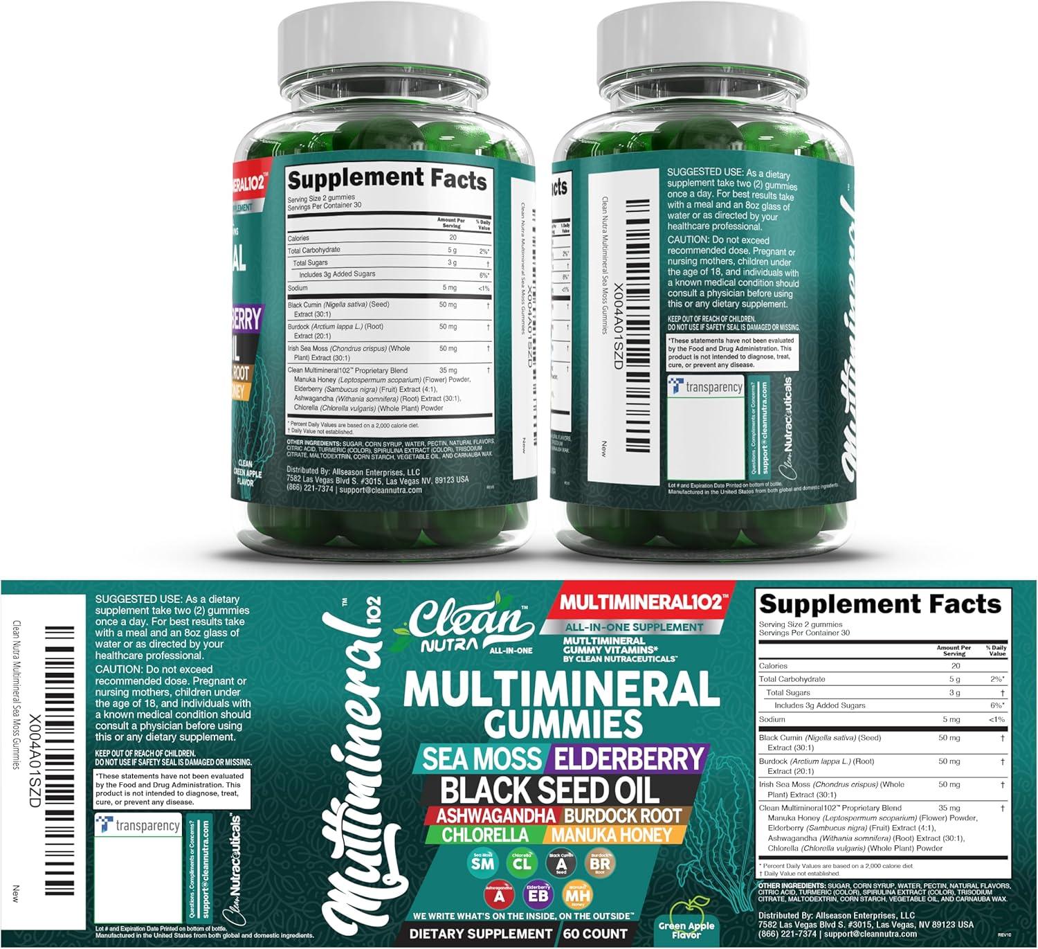image:imageSea Moss Gummies Clinically Tested Black Seed Oil Ashwagandha Elderberry Burdock Root Chlorella Manuka Honey Vegan Irish Sea Moss Gummy Vitamins for Adults Kids Men Women Green Apple Flavor1