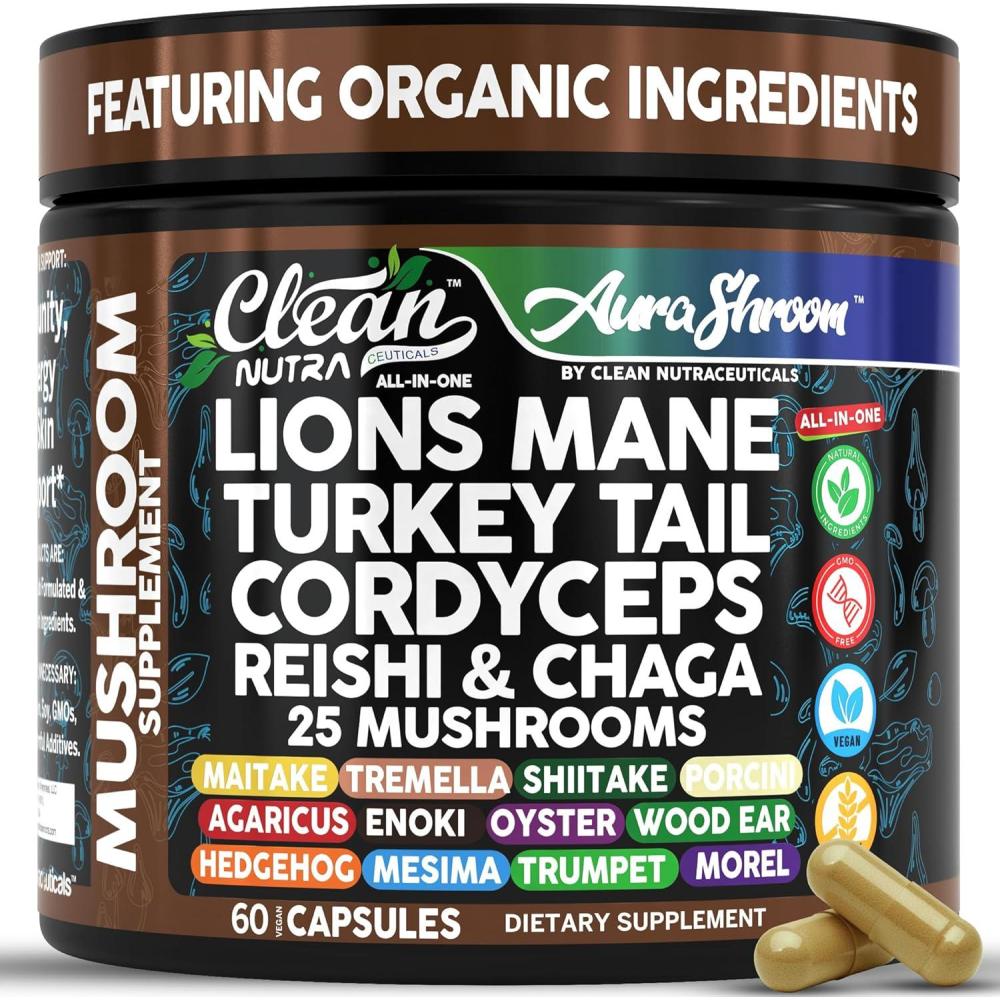 image:imageAuraShroom Mushroom Supplement Lions Mane Turkey Tail Cordyceps Reishi Shiitake Chaga Oyster Stress Relief Immune Support Nootropic Energy Portobello Mushrooms 60 Capsules By Clean Nutra
