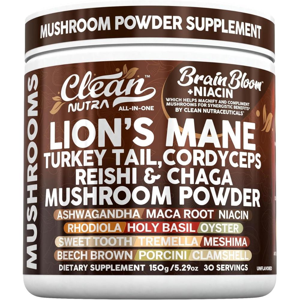 image:imageClean Nutra Lions Mane Turkey Tail Cordyceps Reishi Chaga Mushroom Powder Ashwagandha Niacin Calm Stress Memory Adrenal Support Supplements Maca Rhodiola Holy Basil Apaptogen Supplement Unflavored1