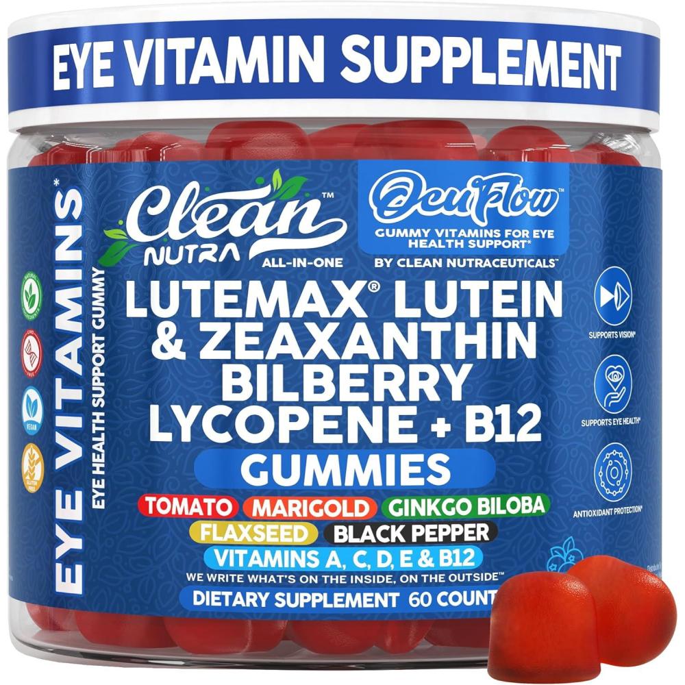 image:imageClean Nutra Lutein and Zeaxanthin Eye Vitamins Gummies Bilberry for Eyes Vision Support Ginkgo Biloba Marigold Vitamin B12 Flaxseed Black Pepper CoQ10 Vitamin A l 60 Count B OcuFlow