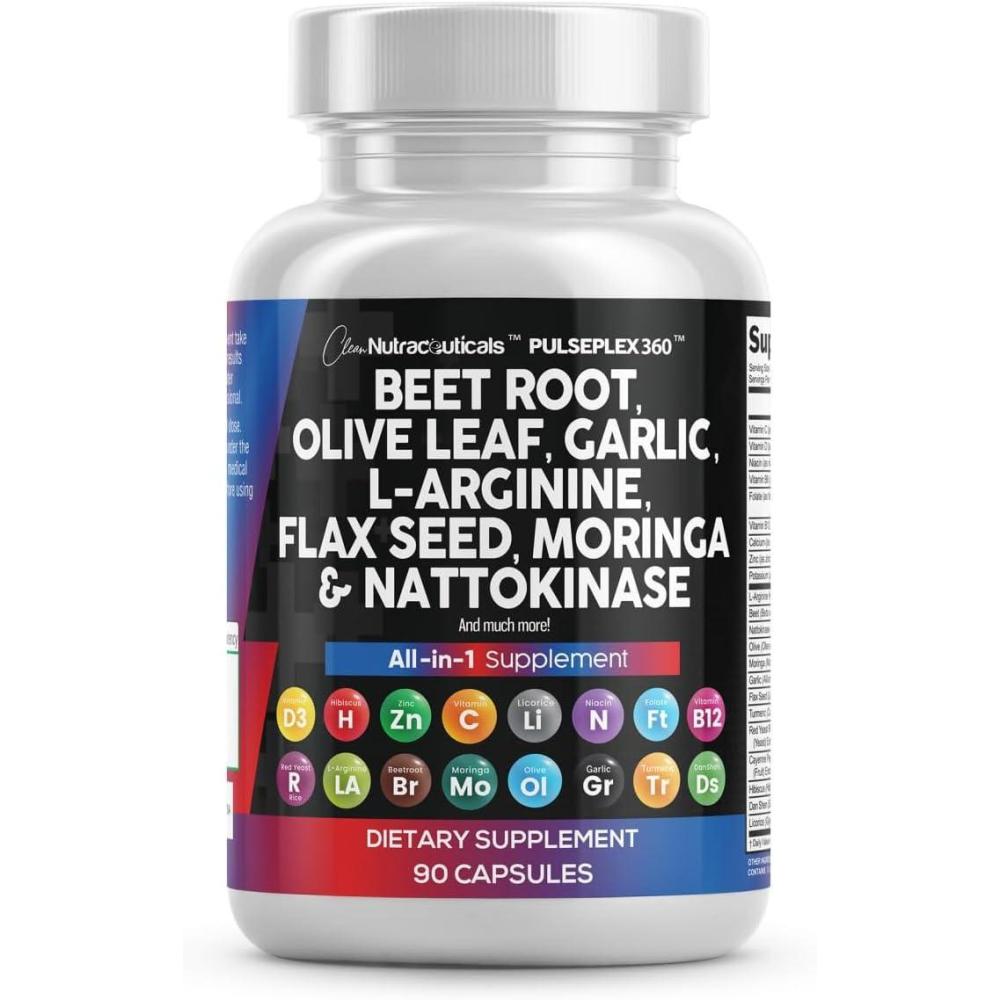 image:imageClean Nutraceuticals Beet Root Capsules Olive Leaf Nattokinase Garlic Extract LArginine Omega 3 Red Yeast Rice Hibiscus Danshen Healthy Support Supplement 90 Ct