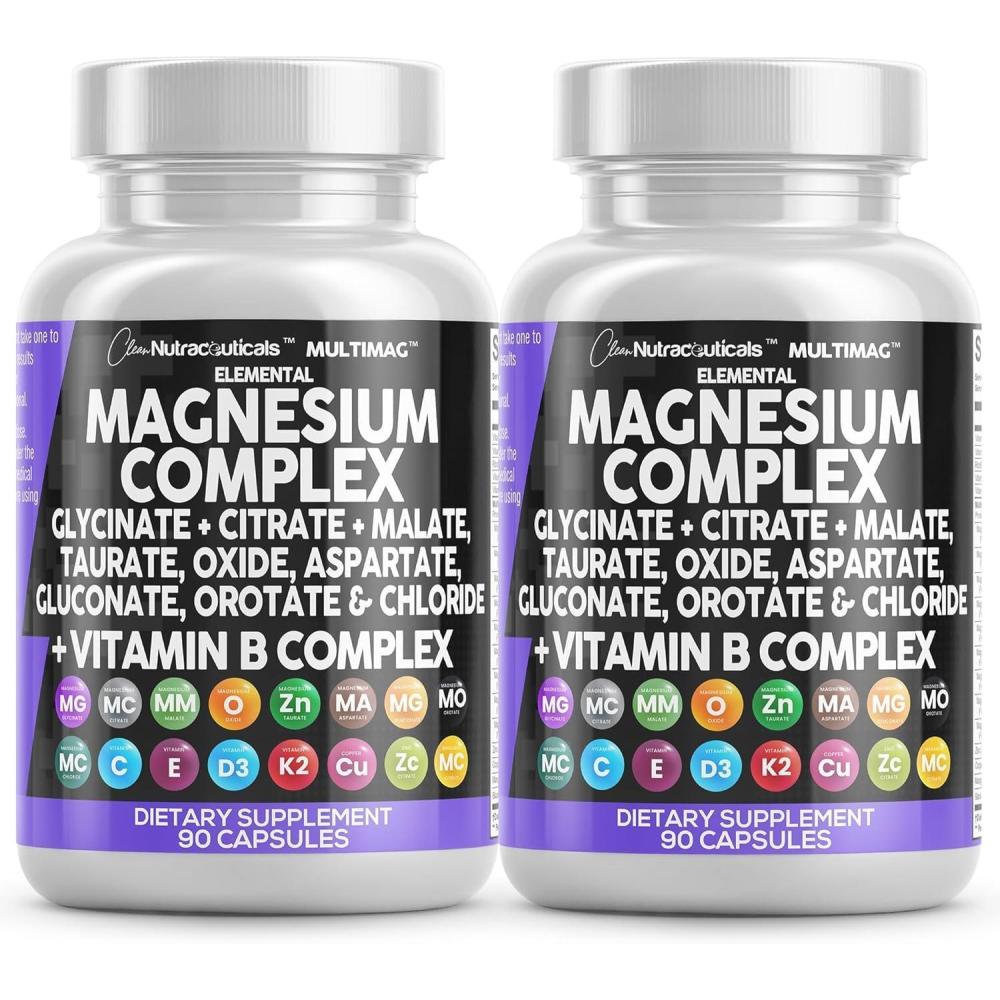 image:imageClean Nutraceuticals Magnesium Complex with Magnesium Glycinate Citrate Malate Oxide Taurate Aspartate Orotate amp Mag Chloride Zinc Copper Manganese amp Vitamin C B1 B2 B6 B12 Complex 1Pack90 Count Pack of 2