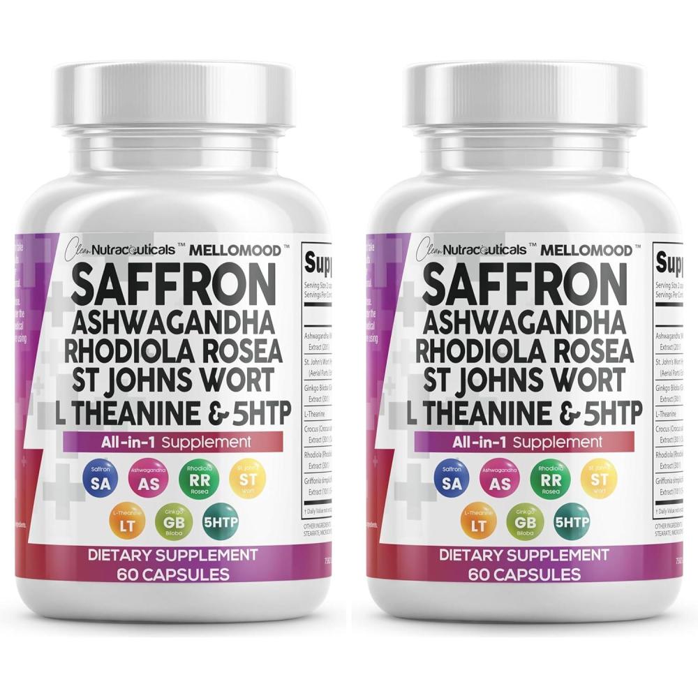 image:imageClean Nutraceuticals Saffron Supplements Extract 100mg  Ashwagandha LTheanine 200mg  Mood Support Ginkgo Biloba St Johns Wort Rhodiola Rosea amp 5HTP Capsules Pills Men Women60 Count Pack of 2
