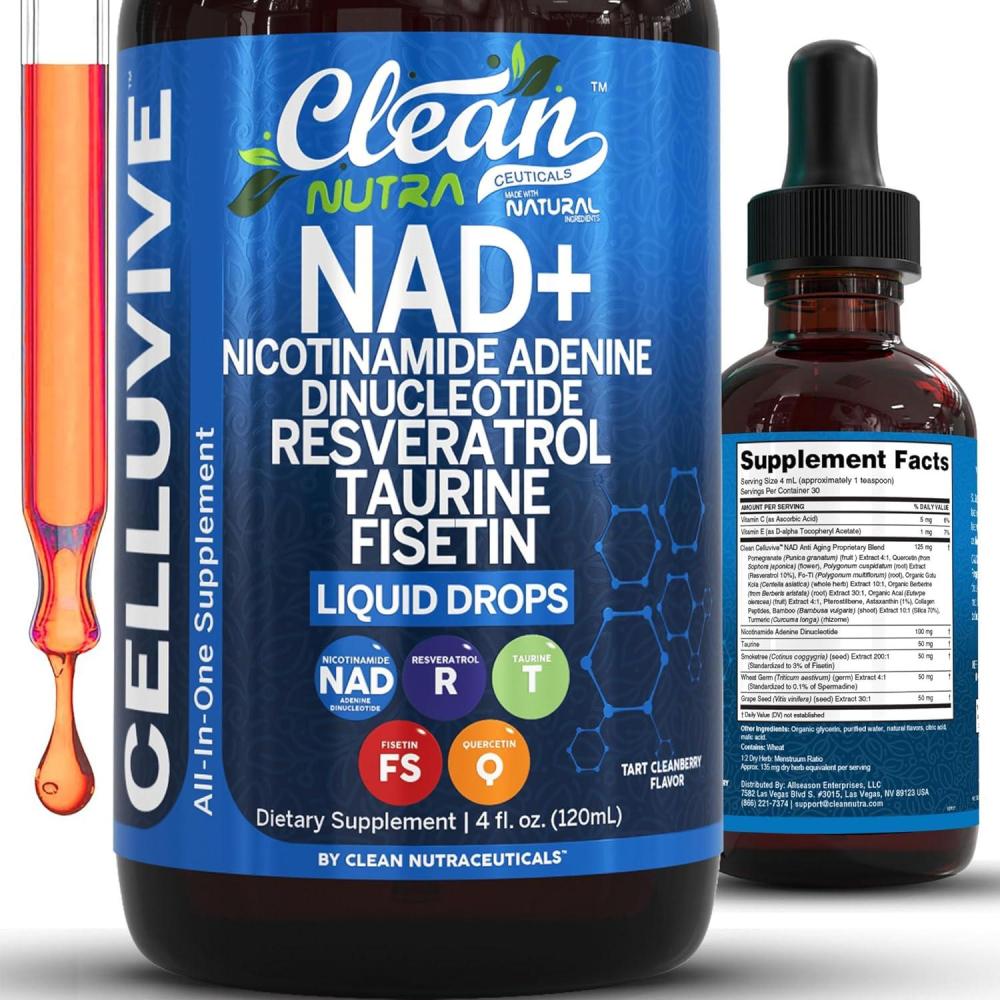 image:imageLiposomal NAD Resveratrol Supplement Liquid Drops for Women Taurine Fisetin Grape Seed Quercetin Berberine Astaxanthin Pterostilbene Spermidine Fo Ti Gotu Kola Anti Aging CelluVive by Clean Nutra 4oz