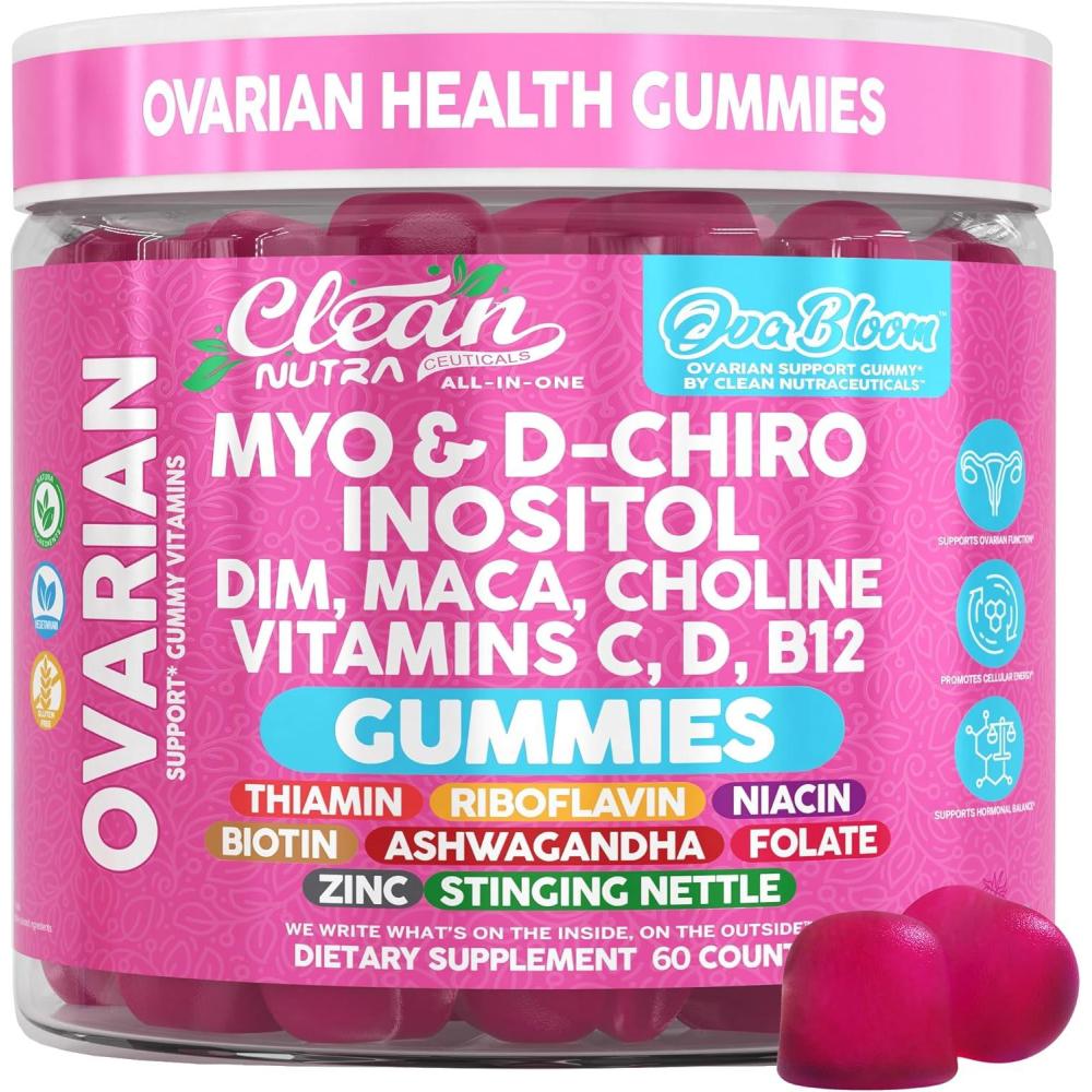 image:imageOVA Bloom Ovarian Support Gummies Myo Inositol DChiro Inositol Choline Flax Biotin Riboflavin Thiamin Niacin Ashwagandha DIM Maca Root Vitamin C D3 B12 Zinc 60 Count By Clean Nutra