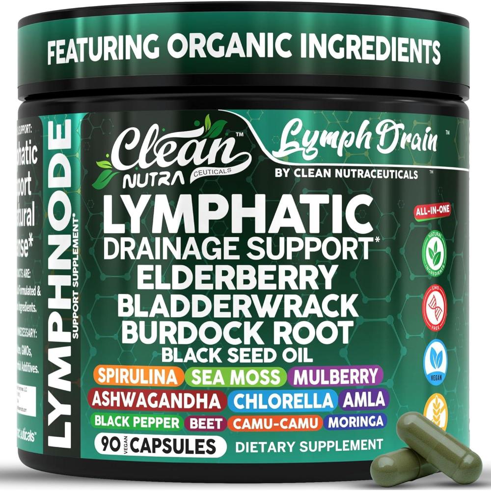 image:imageOrganic Lymphatic Drainage Supplements Elderberry Bladderwrack Burdock Root Black Seed Oil Spirulina Sea Moss Ashwagandha Chlorella Amla Beet Moringa Chlorophyll Lymph System Capsules By Clean Nutra