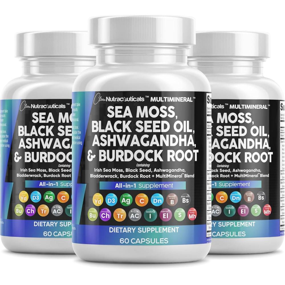 image:imageSea Moss Black Seed Oil Ashwagandha Turmeric Bladderwrack Burdock amp Vitamin C Vitamin D3 with Elderberry Manuka Dandelion Yellow Dock Iodine Chlorophyll ACV 3Pack