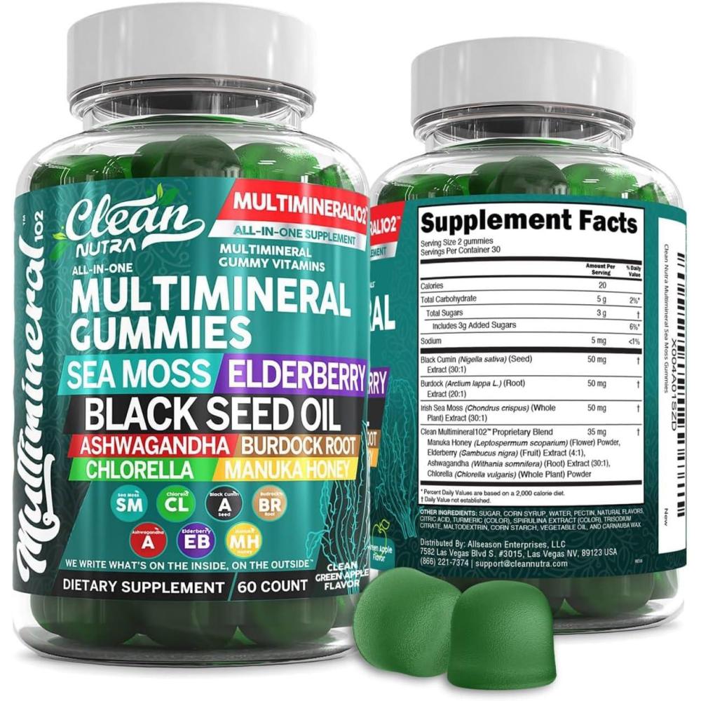 image:imageSea Moss Gummies Clinically Tested Black Seed Oil Ashwagandha Elderberry Burdock Root Chlorella Manuka Honey Vegan Irish Sea Moss Gummy Vitamins for Adults Kids Men Women Green Apple Flavor1