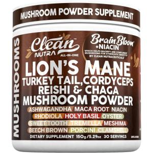 Clean Nutra Lion’s Mane Turkey Tail Cordyceps Reishi Chaga Mushroom Powder + Ashwagandha Niacin Calm Stress Memory Adrenal Support Supplements Maca Rhodiola Holy Basil Apaptogen Supplement Unflavored(1)