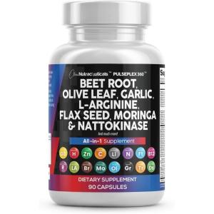 Clean Nutraceuticals Beet Root Capsules Olive Leaf Nattokinase Garlic Extract L-Arginine Omega 3 Red Yeast Rice Hibiscus Danshen – Healthy Support Supplement – 90 Ct