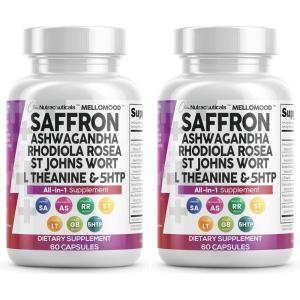 Clean Nutraceuticals Saffron Supplements Extract 100mg + Ashwagandha L-Theanine 200mg – Mood Support Ginkgo Biloba, St. John’s Wort, Rhodiola Rosea & 5-HTP Capsules Pills Men Women(60 Count (Pack of 2))