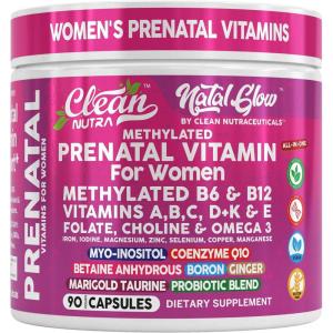 Natal Glow Methylated Prenatal Vitamins for Women Folate Omega 3 Vitamins A B12 C D3 E K2 Iron Riboflavin Biotin Choline Calcium Iodine Magnesium Zinc Selenium Copper Manganese by Clean Nutra