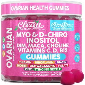 OVA Bloom Ovarian Support Gummies Myo Inositol D-Chiro Inositol Choline Flax Biotin Riboflavin Thiamin Niacin Ashwagandha DIM Maca Root Vitamin C D3 B12 Zinc 60 Count By Clean Nutra