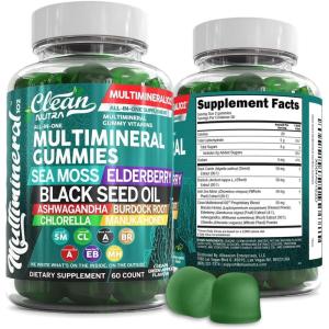 Sea Moss Gummies | Clinically Tested – Black Seed Oil Ashwagandha Elderberry Burdock Root Chlorella Manuka Honey – Vegan Irish Sea Moss Gummy Vitamins for Adults Kids Men Women – Green Apple Flavor(1)