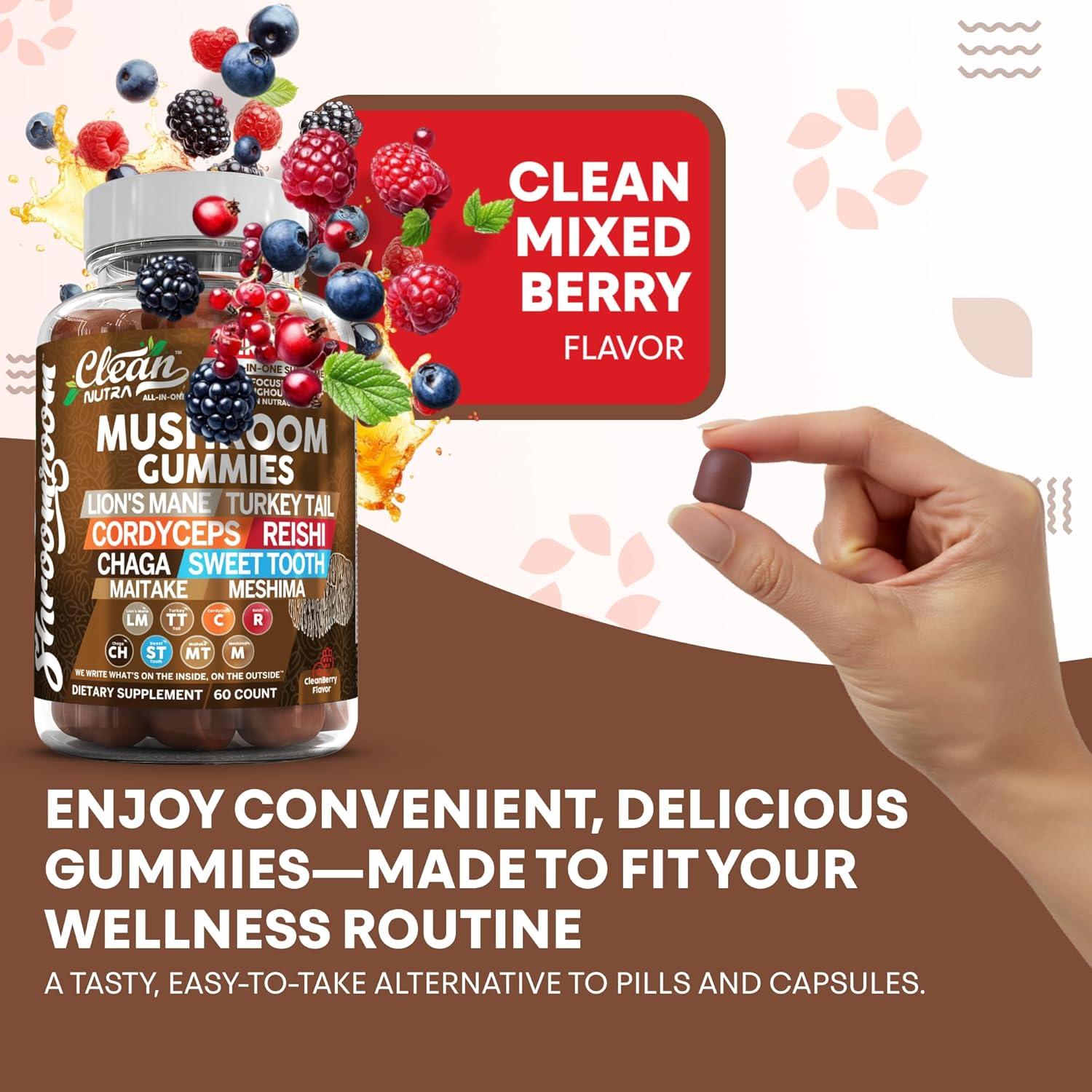 image:image15in1 Mushroom Gummies with Lions Mane Turkey Tail Cordyceps Reishi Chaga Sweet Toot Maitake Meshima Poria Cocos Shiitake Tremella Oyster Agaricus Mushrooms for Men and Women Supplement Clean Nutra2