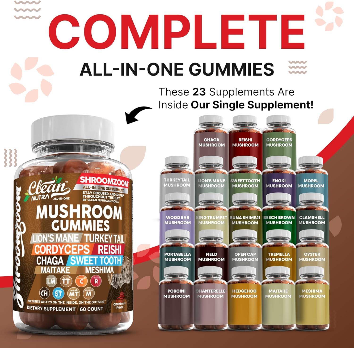 image:image15in1 Mushroom Gummies with Lions Mane Turkey Tail Cordyceps Reishi Chaga Sweet Toot Maitake Meshima Poria Cocos Shiitake Tremella Oyster Agaricus Mushrooms for Men and Women Supplement Clean Nutra2