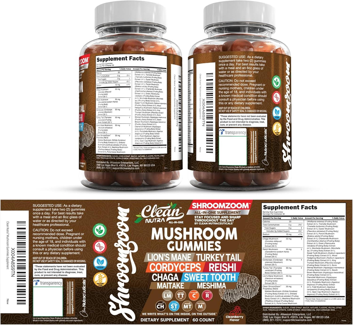image:image15in1 Mushroom Gummies with Lions Mane Turkey Tail Cordyceps Reishi Chaga Sweet Toot Maitake Meshima Poria Cocos Shiitake Tremella Oyster Agaricus Mushrooms for Men and Women Supplement Clean Nutra1