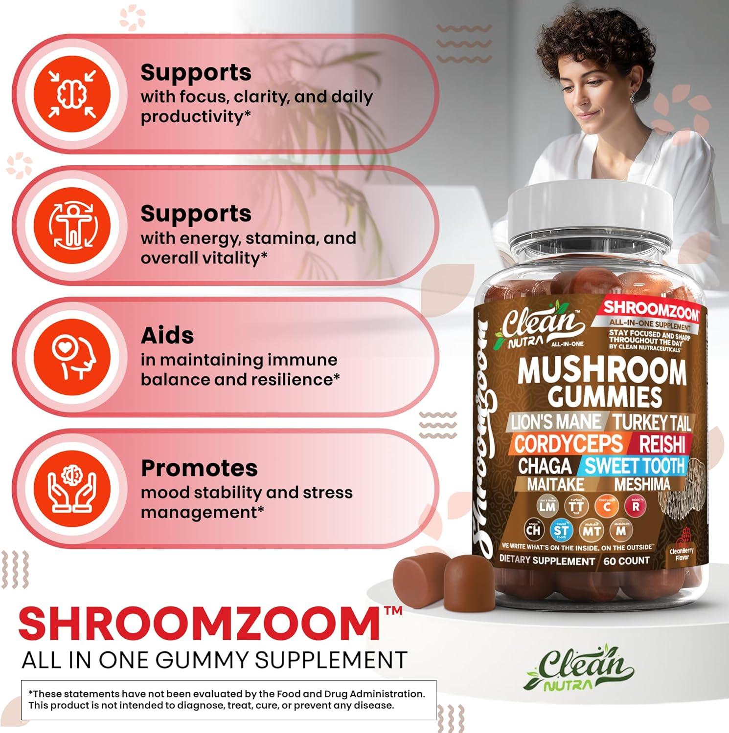 image:image15in1 Mushroom Gummies with Lions Mane Turkey Tail Cordyceps Reishi Chaga Sweet Toot Maitake Meshima Poria Cocos Shiitake Tremella Oyster Agaricus Mushrooms for Men and Women Supplement Clean Nutra2