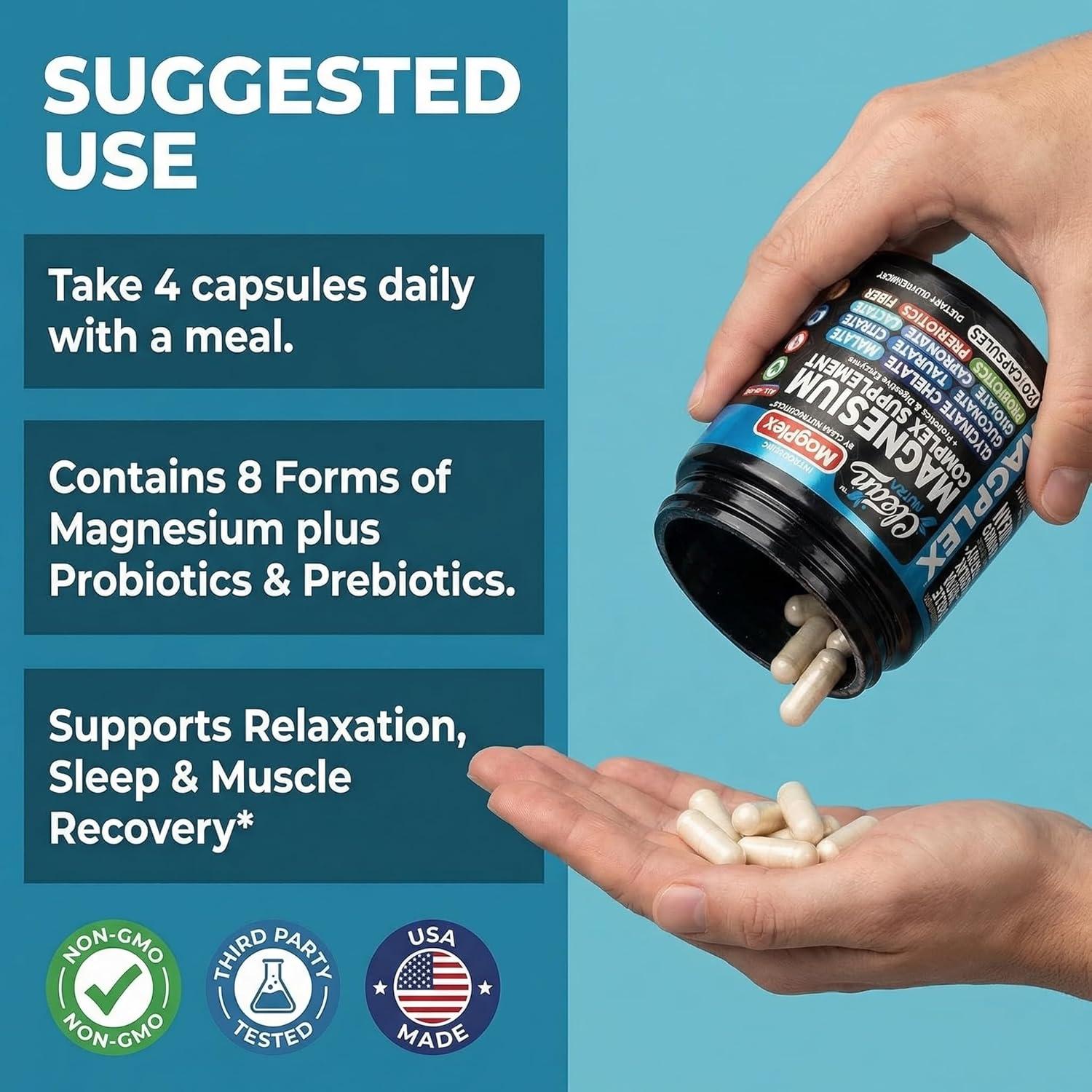 image:image8in1 Magnesium Supplement Complex Magnesium Glycinate Citrate Malate Gluconate Orotate Carbonate Lactate Prebiotics Probiotics Digestive Enzymes Magnesio Capsules for Women Men By Clean Nutra1