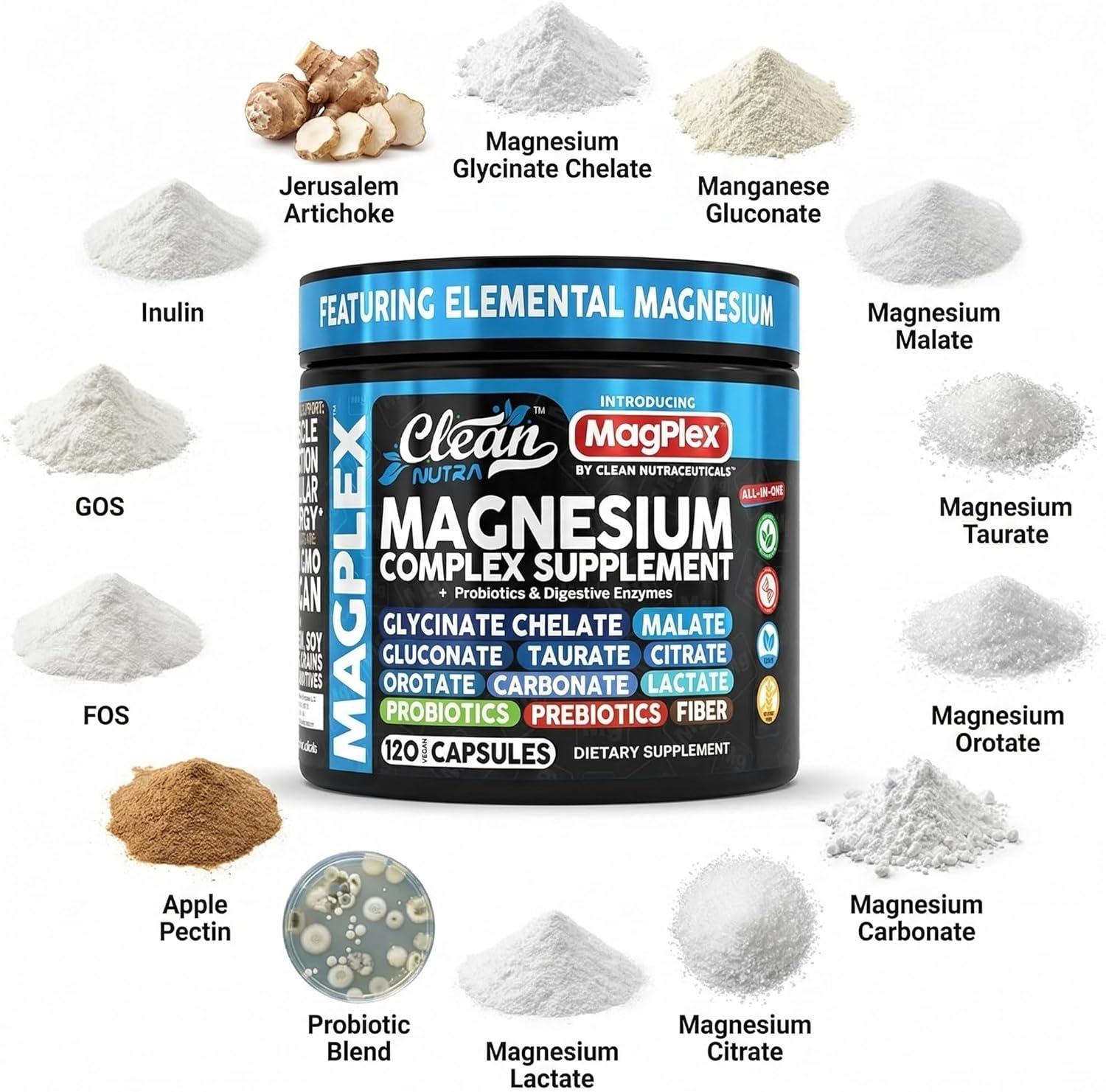 image:image8in1 Magnesium Supplement Complex Magnesium Glycinate Citrate Malate Gluconate Orotate Carbonate Lactate Prebiotics Probiotics Digestive Enzymes Magnesio Capsules for Women Men By Clean Nutra1