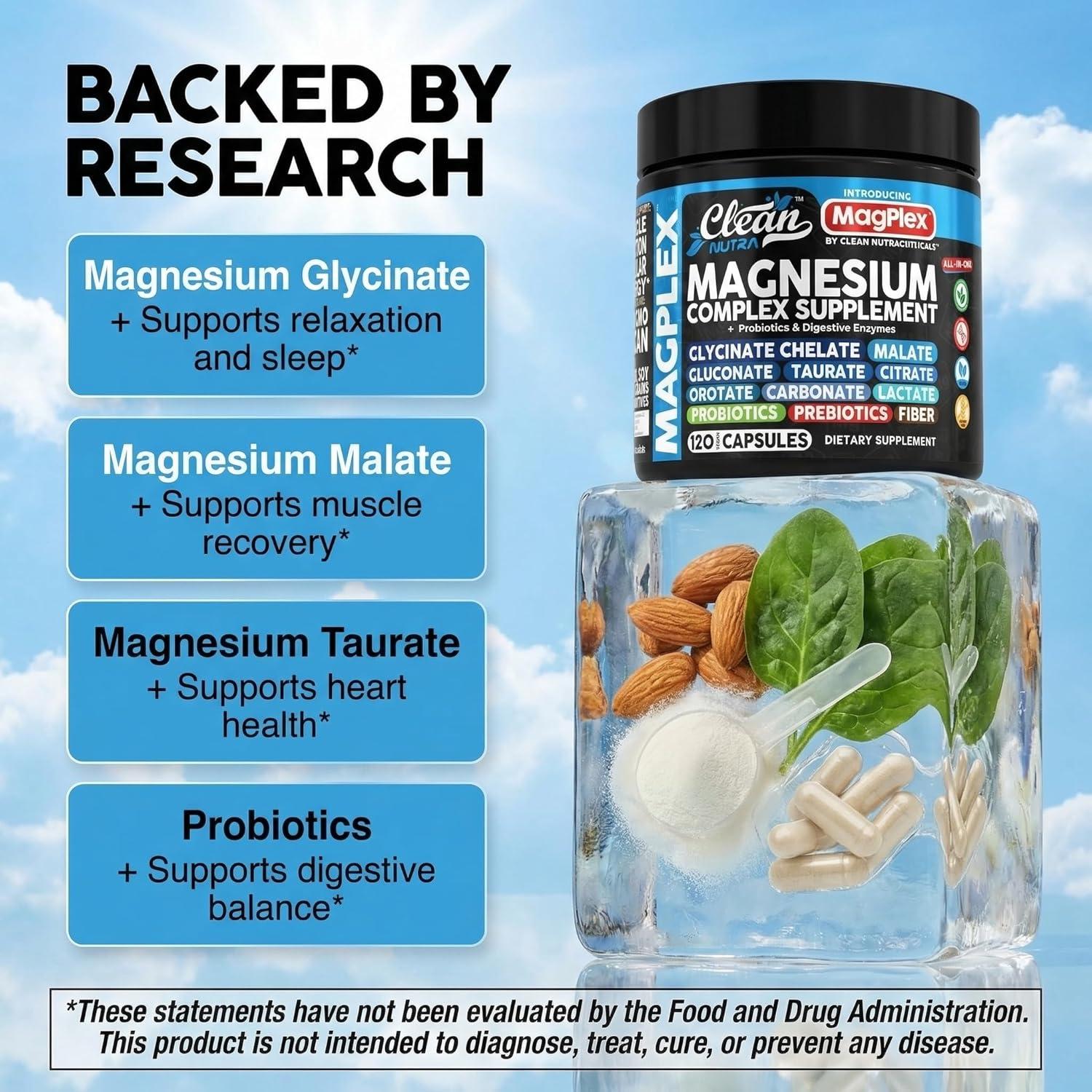 image:image8in1 Magnesium Supplement Complex Magnesium Glycinate Citrate Malate Gluconate Orotate Carbonate Lactate Prebiotics Probiotics Digestive Enzymes Magnesio Capsules for Women Men By Clean Nutra1