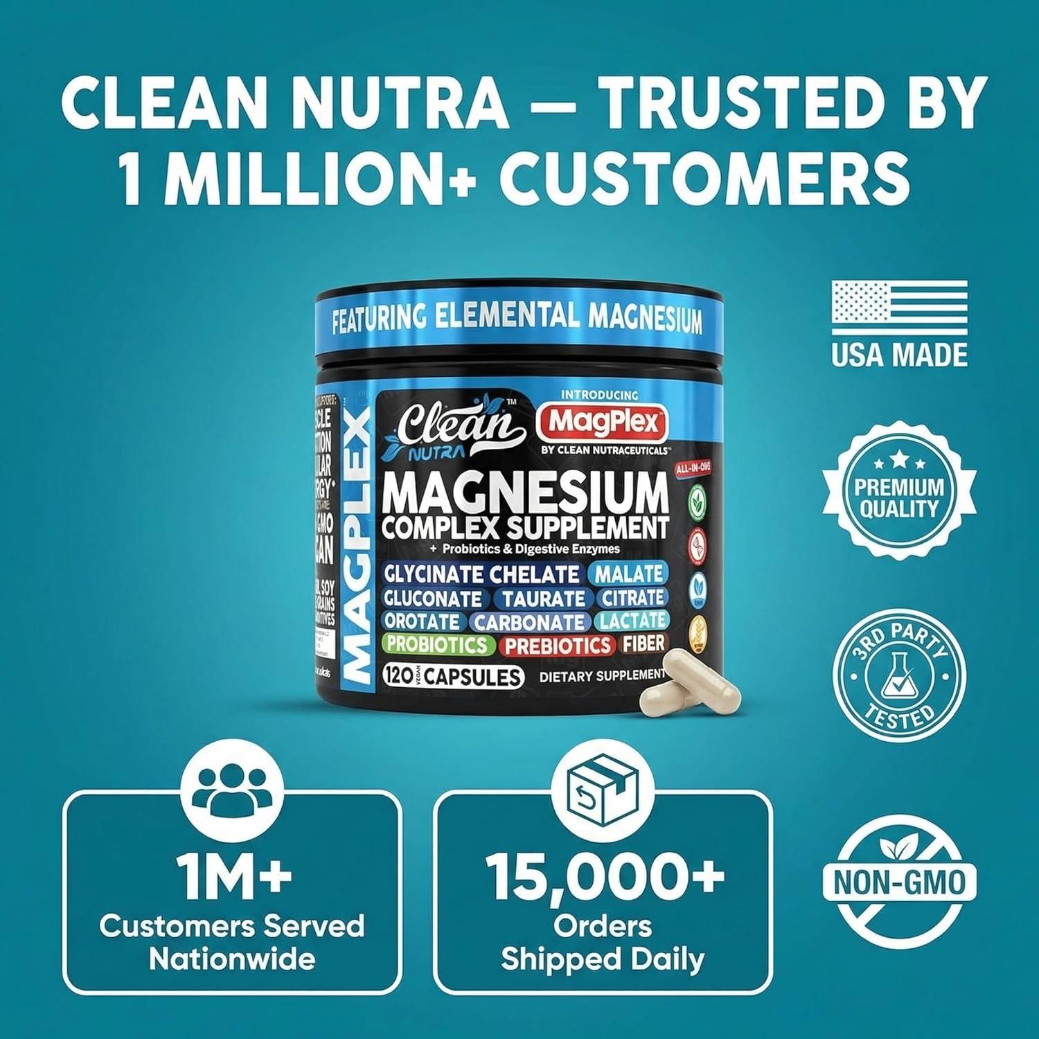 image:image8in1 Magnesium Supplement Complex Magnesium Glycinate Citrate Malate Gluconate Orotate Carbonate Lactate Prebiotics Probiotics Digestive Enzymes Magnesio Capsules for Women Men By Clean Nutra1