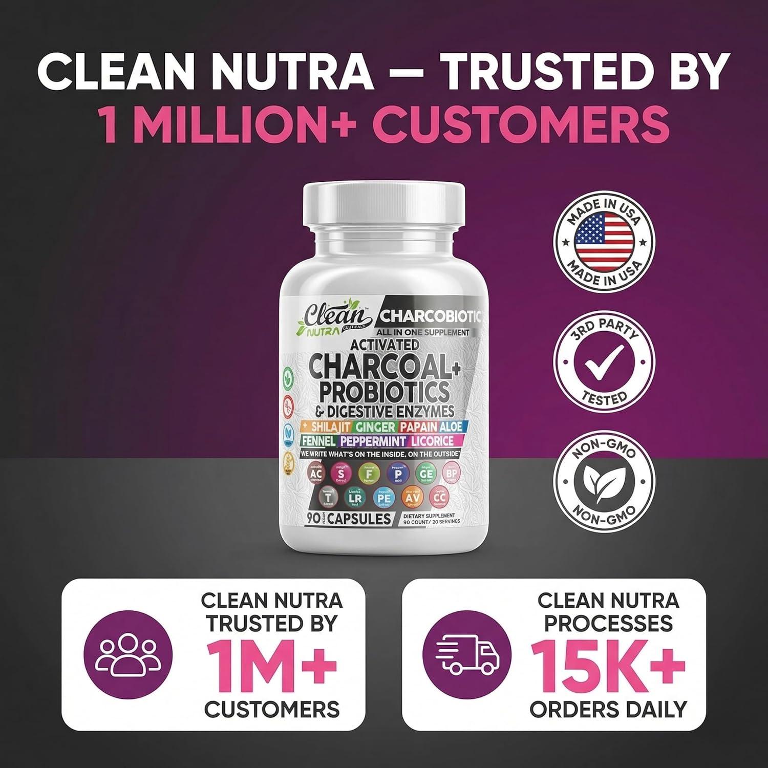 image:imageActivated Charcoal Pills for Gas Relief and Debloat CharcoBiotic with Probiotics Digestive Enzymes Shilajit Peppermint Fennel Ginger Turmeric Licorice Root Aloe Vera Ceylon Cinnamon Clean Nutra 90ct60 Count Pack of 1