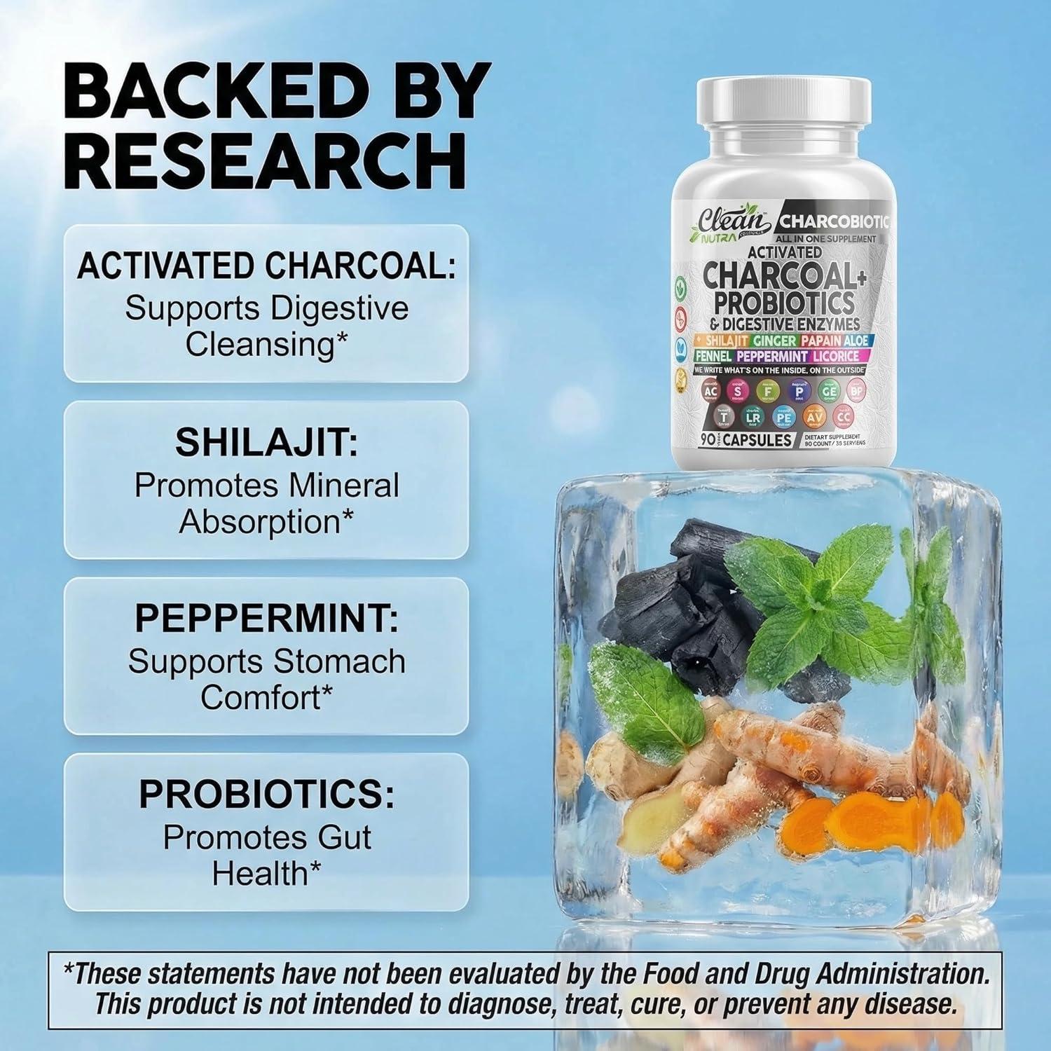 image:imageActivated Charcoal Pills for Gas Relief and Debloat CharcoBiotic with Probiotics Digestive Enzymes Shilajit Peppermint Fennel Ginger Turmeric Licorice Root Aloe Vera Ceylon Cinnamon Clean Nutra 90ct60 Count Pack of 1