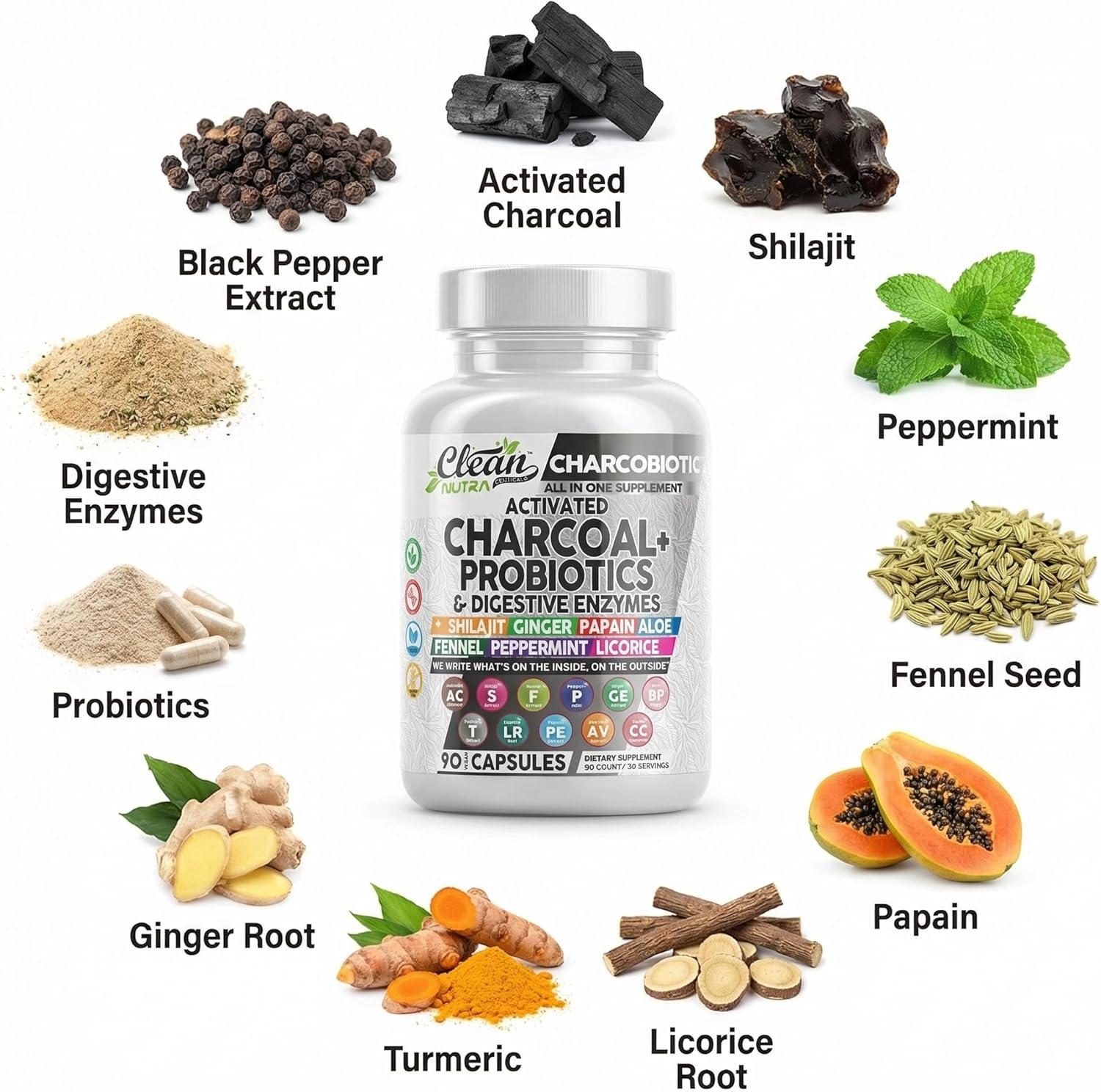 image:imageActivated Charcoal Pills for Gas Relief and Debloat CharcoBiotic with Probiotics Digestive Enzymes Shilajit Peppermint Fennel Ginger Turmeric Licorice Root Aloe Vera Ceylon Cinnamon Clean Nutra 90ct60 Count Pack of 1