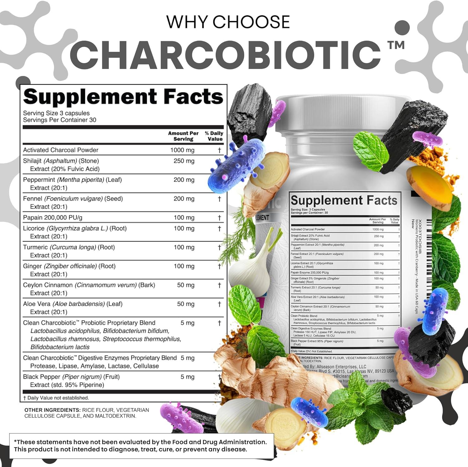 image:imageActivated Charcoal Pills for Gas Relief and Debloat CharcoBiotic with Probiotics Digestive Enzymes Shilajit Peppermint Fennel Ginger Turmeric Licorice Root Aloe Vera Ceylon Cinnamon Clean Nutra 90ct60 Count Pack of 2