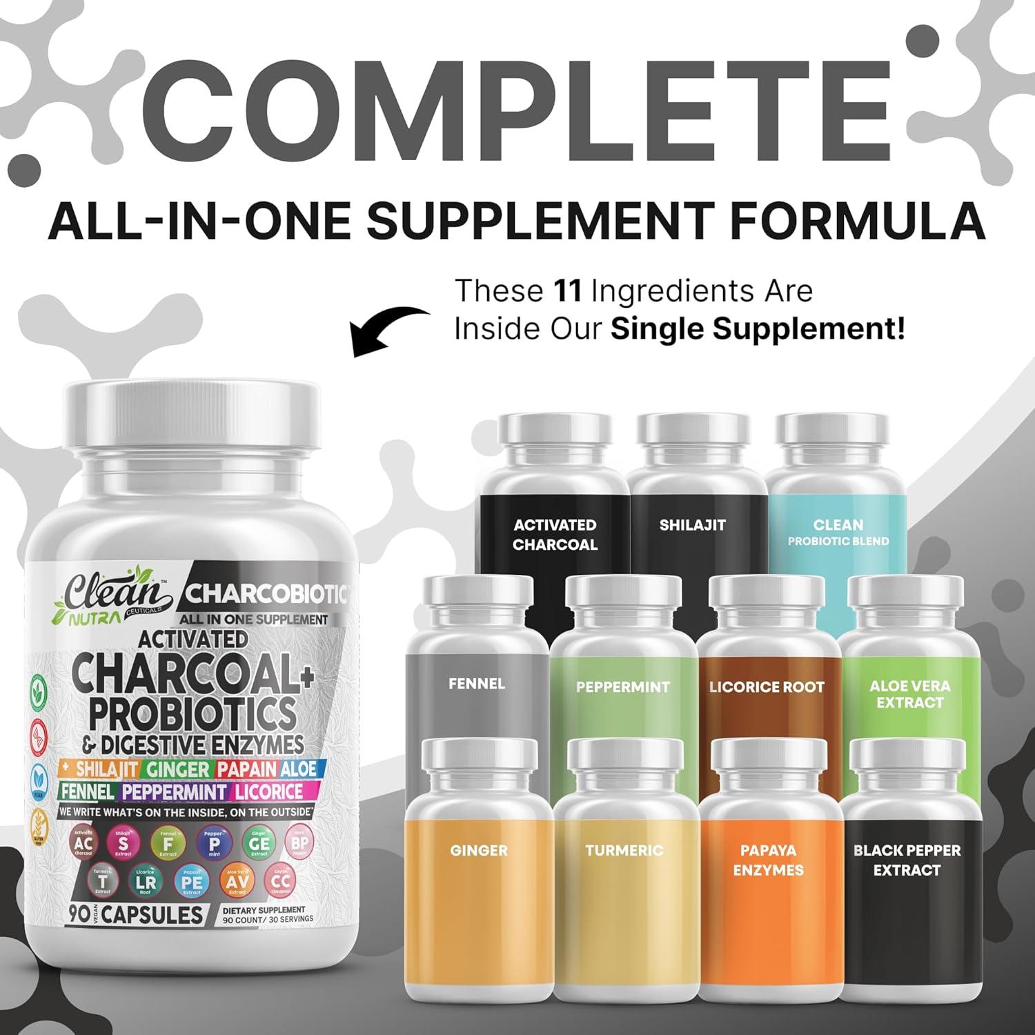 image:imageActivated Charcoal Pills for Gas Relief and Debloat CharcoBiotic with Probiotics Digestive Enzymes Shilajit Peppermint Fennel Ginger Turmeric Licorice Root Aloe Vera Ceylon Cinnamon Clean Nutra 90ct60 Count Pack of 2