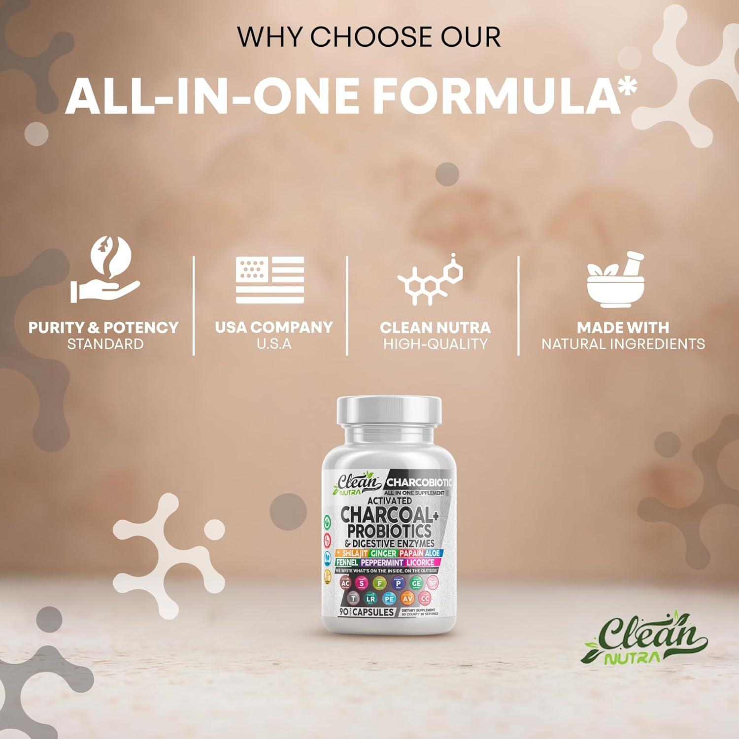image:imageActivated Charcoal Pills for Gas Relief and Debloat CharcoBiotic with Probiotics Digestive Enzymes Shilajit Peppermint Fennel Ginger Turmeric Licorice Root Aloe Vera Ceylon Cinnamon Clean Nutra 90ct60 Count Pack of 2