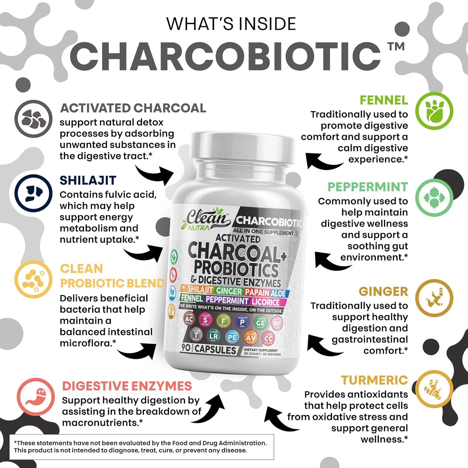 image:imageActivated Charcoal Pills for Gas Relief and Debloat CharcoBiotic with Probiotics Digestive Enzymes Shilajit Peppermint Fennel Ginger Turmeric Licorice Root Aloe Vera Ceylon Cinnamon Clean Nutra 90ct60 Count Pack of 2