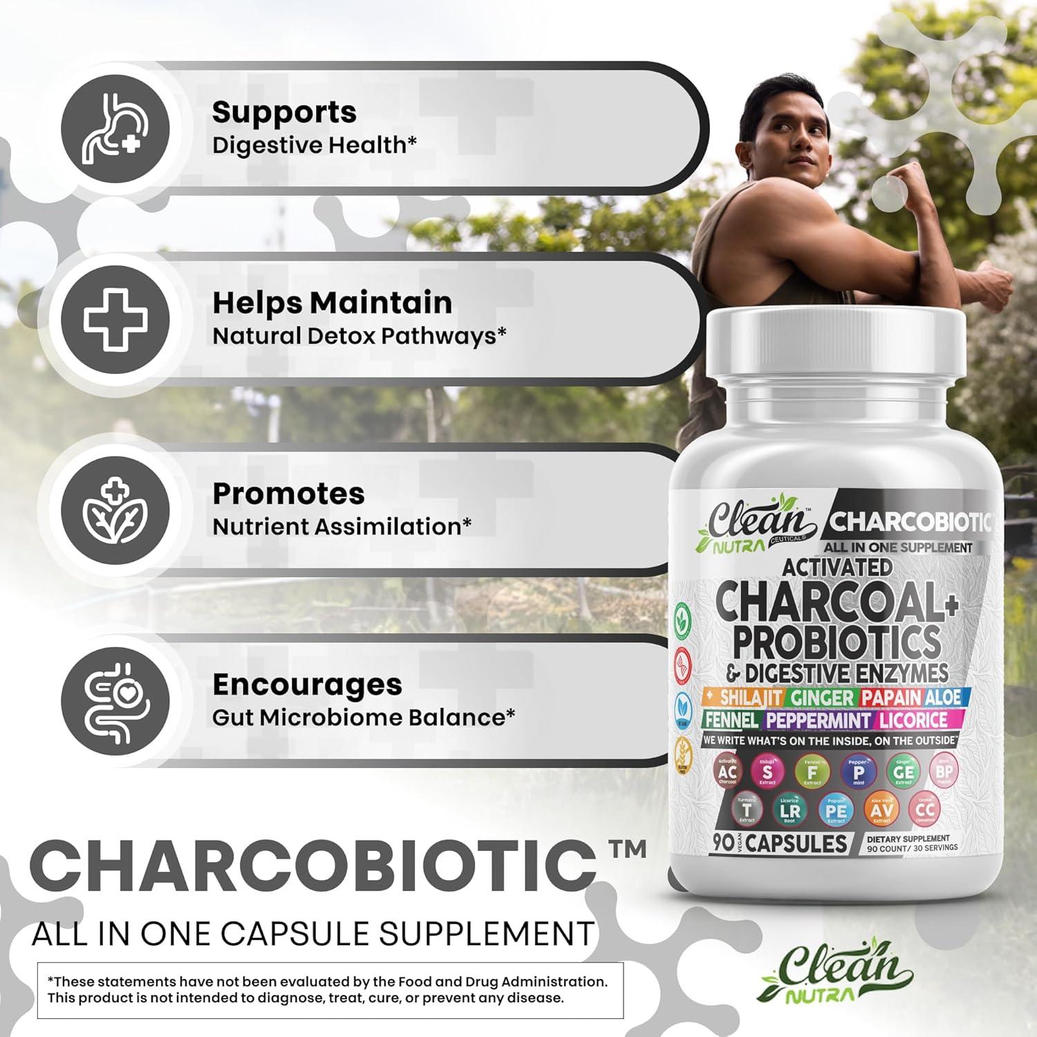 image:imageActivated Charcoal Pills for Gas Relief and Debloat CharcoBiotic with Probiotics Digestive Enzymes Shilajit Peppermint Fennel Ginger Turmeric Licorice Root Aloe Vera Ceylon Cinnamon Clean Nutra 90ct60 Count Pack of 2