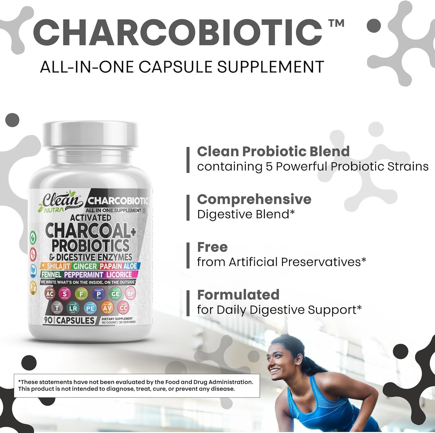image:imageActivated Charcoal Pills for Gas Relief and Debloat CharcoBiotic with Probiotics Digestive Enzymes Shilajit Peppermint Fennel Ginger Turmeric Licorice Root Aloe Vera Ceylon Cinnamon Clean Nutra 90ct60 Count Pack of 2