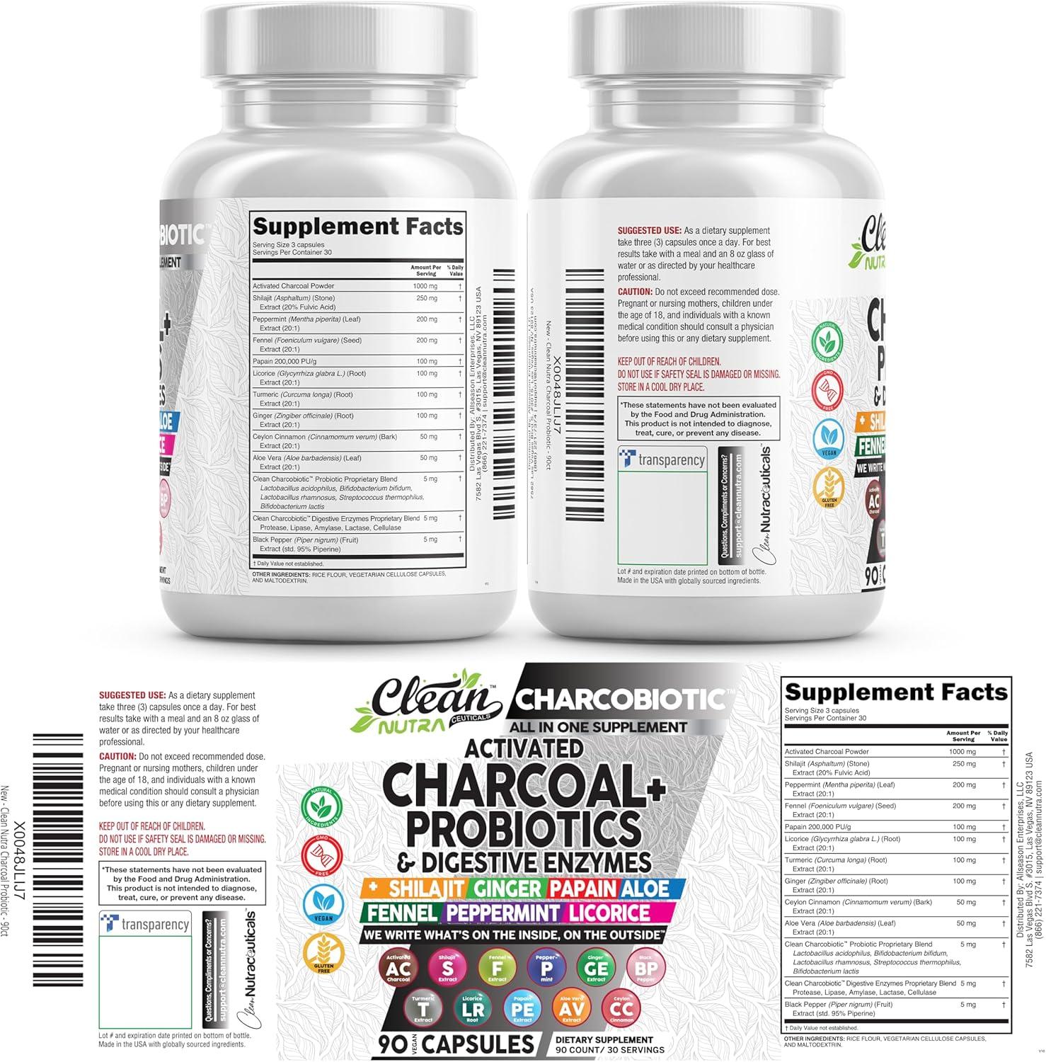image:imageActivated Charcoal Pills for Gas Relief and Debloat CharcoBiotic with Probiotics Digestive Enzymes Shilajit Peppermint Fennel Ginger Turmeric Licorice Root Aloe Vera Ceylon Cinnamon Clean Nutra 90ct60 Count Pack of 1