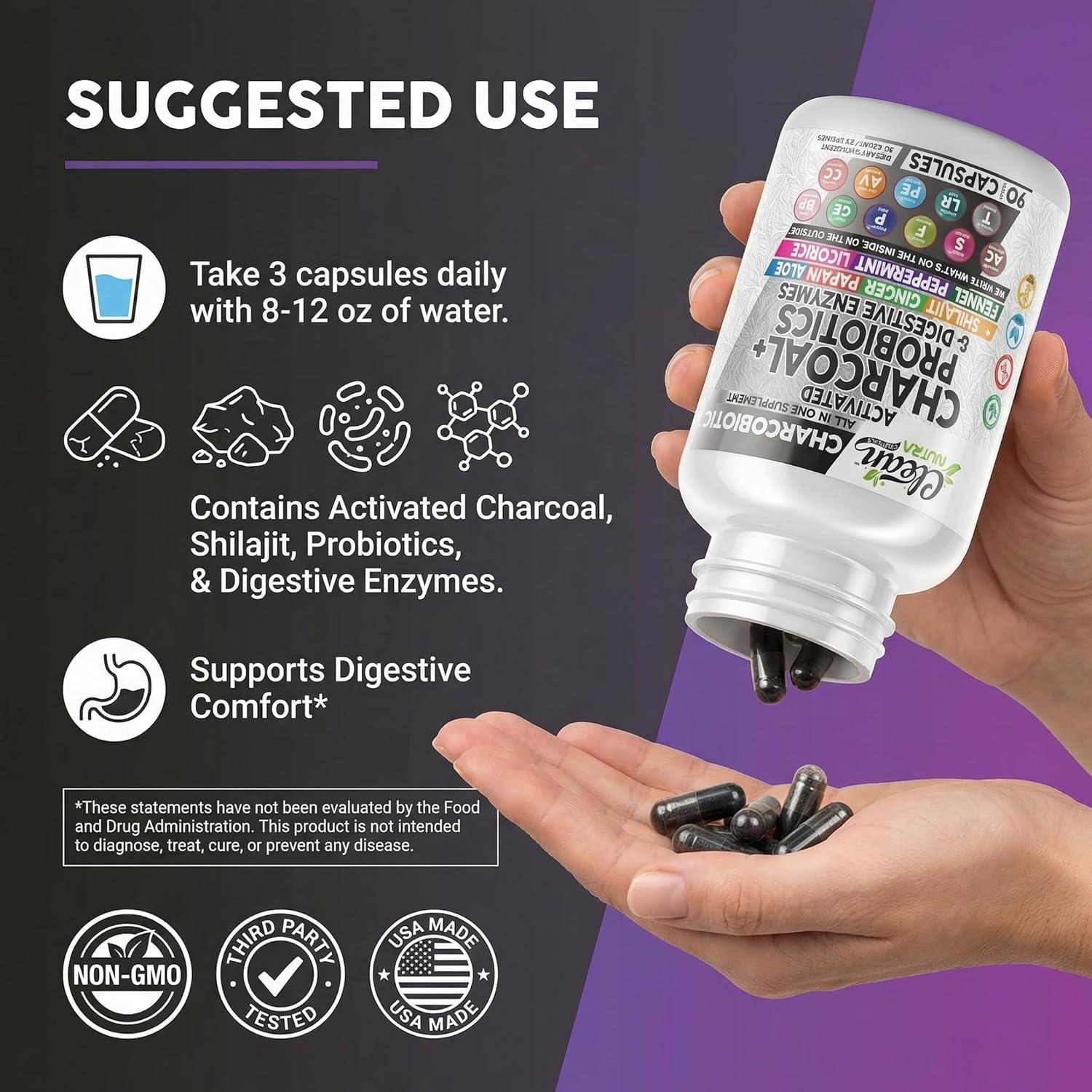 image:imageActivated Charcoal Pills for Gas Relief and Debloat CharcoBiotic with Probiotics Digestive Enzymes Shilajit Peppermint Fennel Ginger Turmeric Licorice Root Aloe Vera Ceylon Cinnamon Clean Nutra 90ct60 Count Pack of 1
