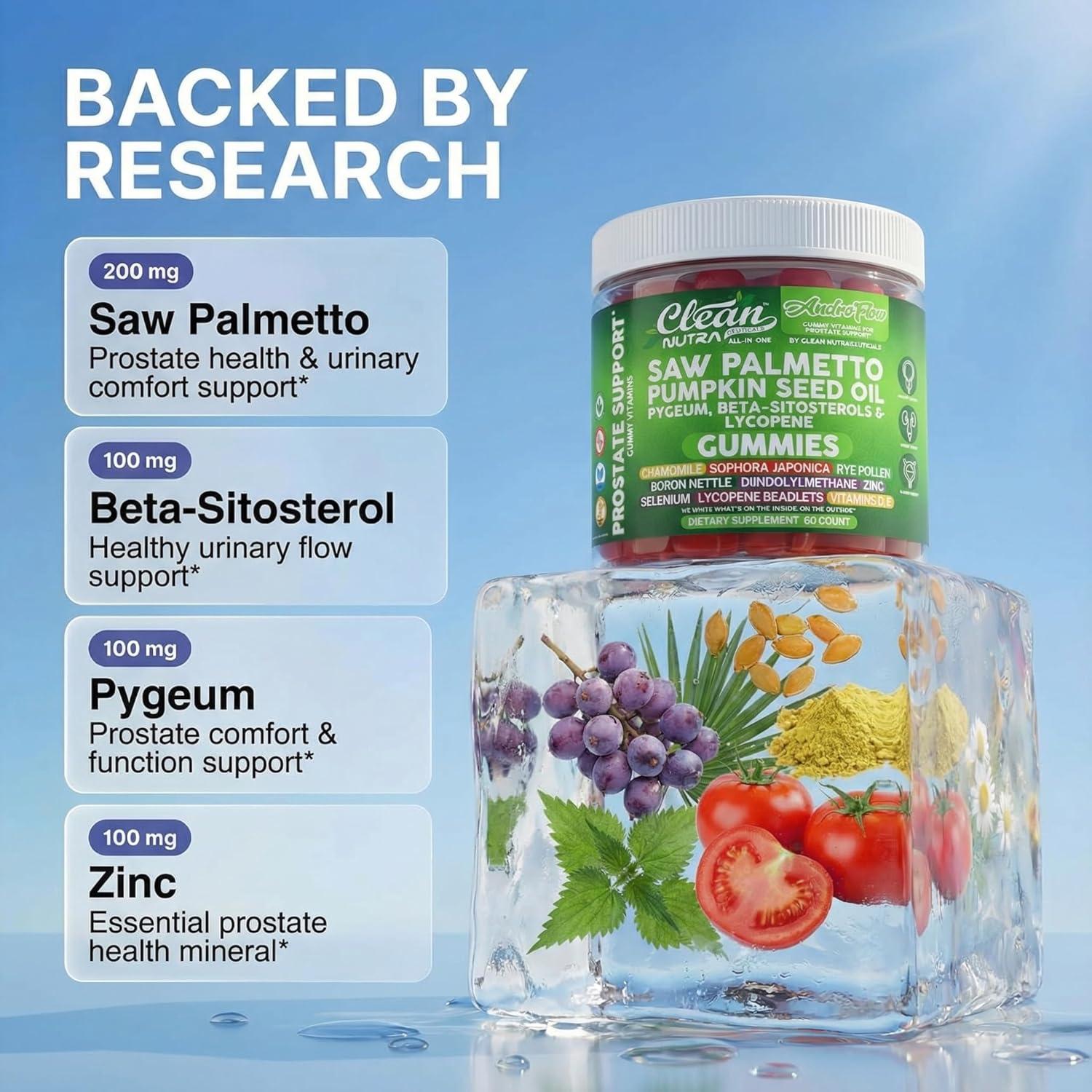 image:imageAndroFlow Saw Palmetto and Pumpkin Seed Oil Prostate Health Supplements for Men Pygeum Beta Sitosterol Lycopene Boron Zinc Selenium DIM Stinging Nettle Vitamin D 60 Gummy Supplements By Clean Nutra