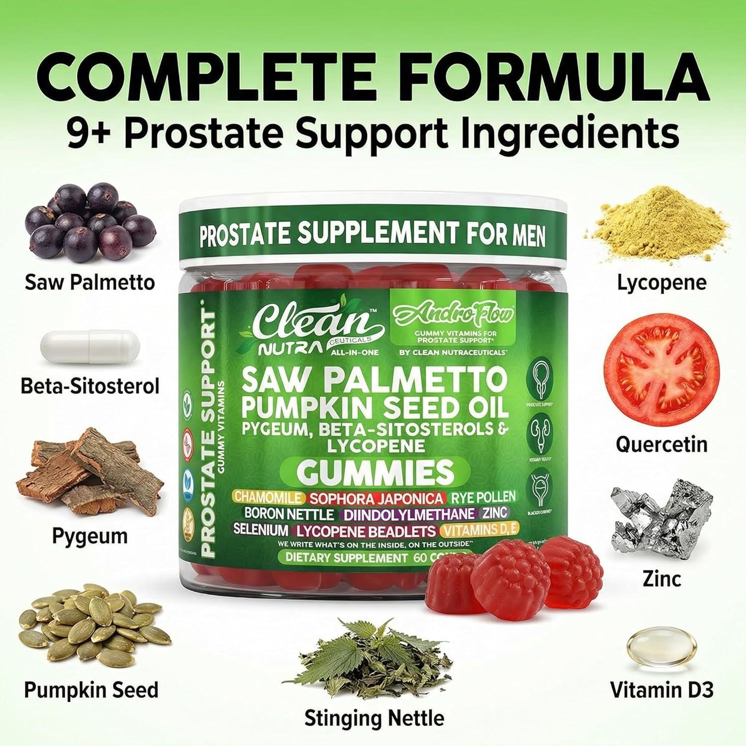 image:imageAndroFlow Saw Palmetto and Pumpkin Seed Oil Prostate Health Supplements for Men Pygeum Beta Sitosterol Lycopene Boron Zinc Selenium DIM Stinging Nettle Vitamin D 60 Gummy Supplements By Clean Nutra