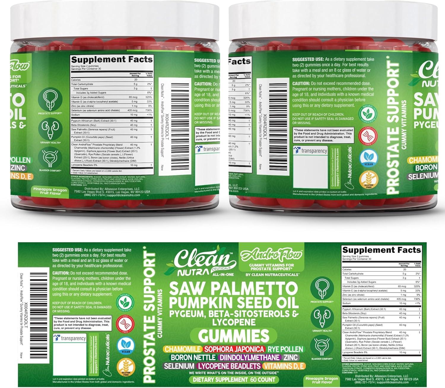 image:imageAndroFlow Saw Palmetto and Pumpkin Seed Oil Prostate Health Supplements for Men Pygeum Beta Sitosterol Lycopene Boron Zinc Selenium DIM Stinging Nettle Vitamin D 60 Gummy Supplements By Clean Nutra