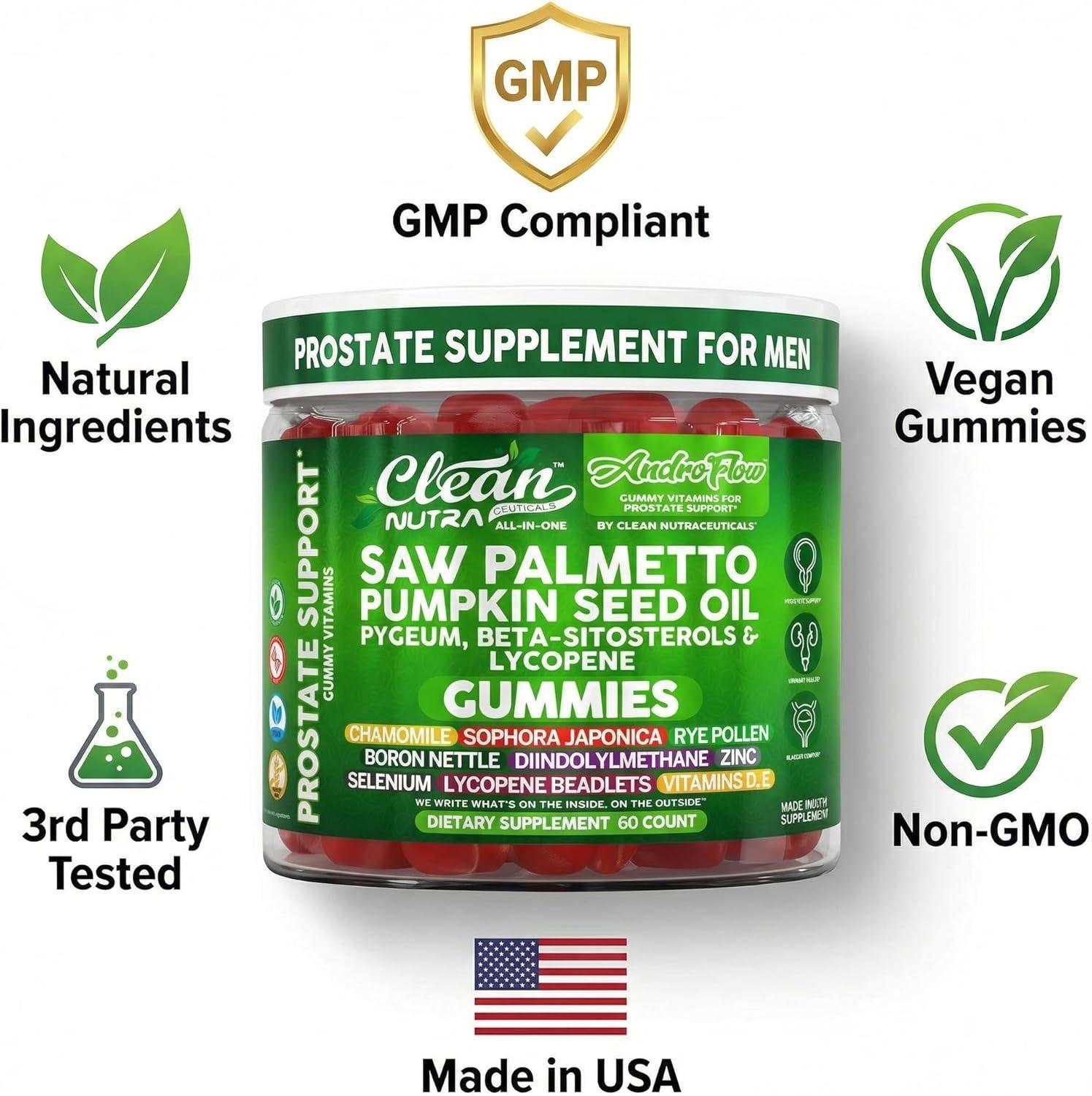 image:imageAndroFlow Saw Palmetto and Pumpkin Seed Oil Prostate Health Supplements for Men Pygeum Beta Sitosterol Lycopene Boron Zinc Selenium DIM Stinging Nettle Vitamin D 60 Gummy Supplements By Clean Nutra