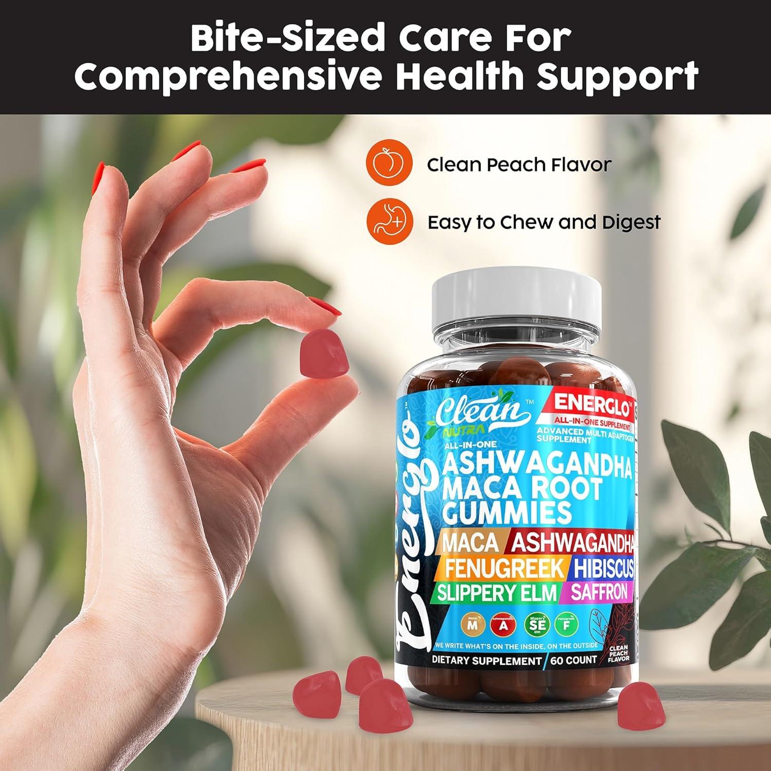 image:imageAshwagandha Maca Root Gummies with Fenugreek Hibiscus Slippery Elm Saffron Extract amp Beta Carotene Peach Flavor Vegan Gummy Vitamins Adaptogen Cortisol Supplement Energlo By Clean Nutra1