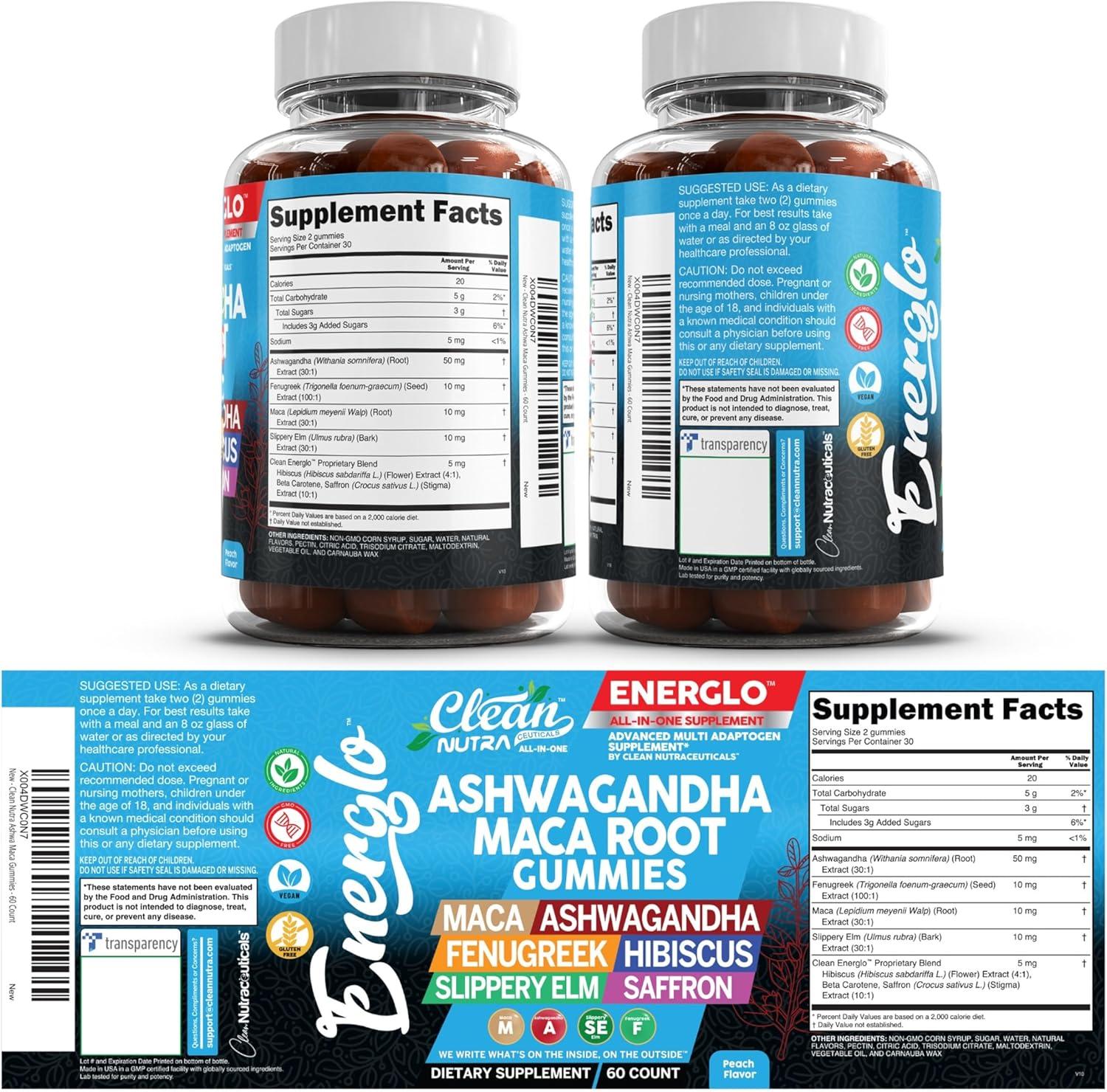 image:imageAshwagandha Maca Root Gummies with Fenugreek Hibiscus Slippery Elm Saffron Extract amp Beta Carotene Peach Flavor Vegan Gummy Vitamins Adaptogen Cortisol Supplement Energlo By Clean Nutra3